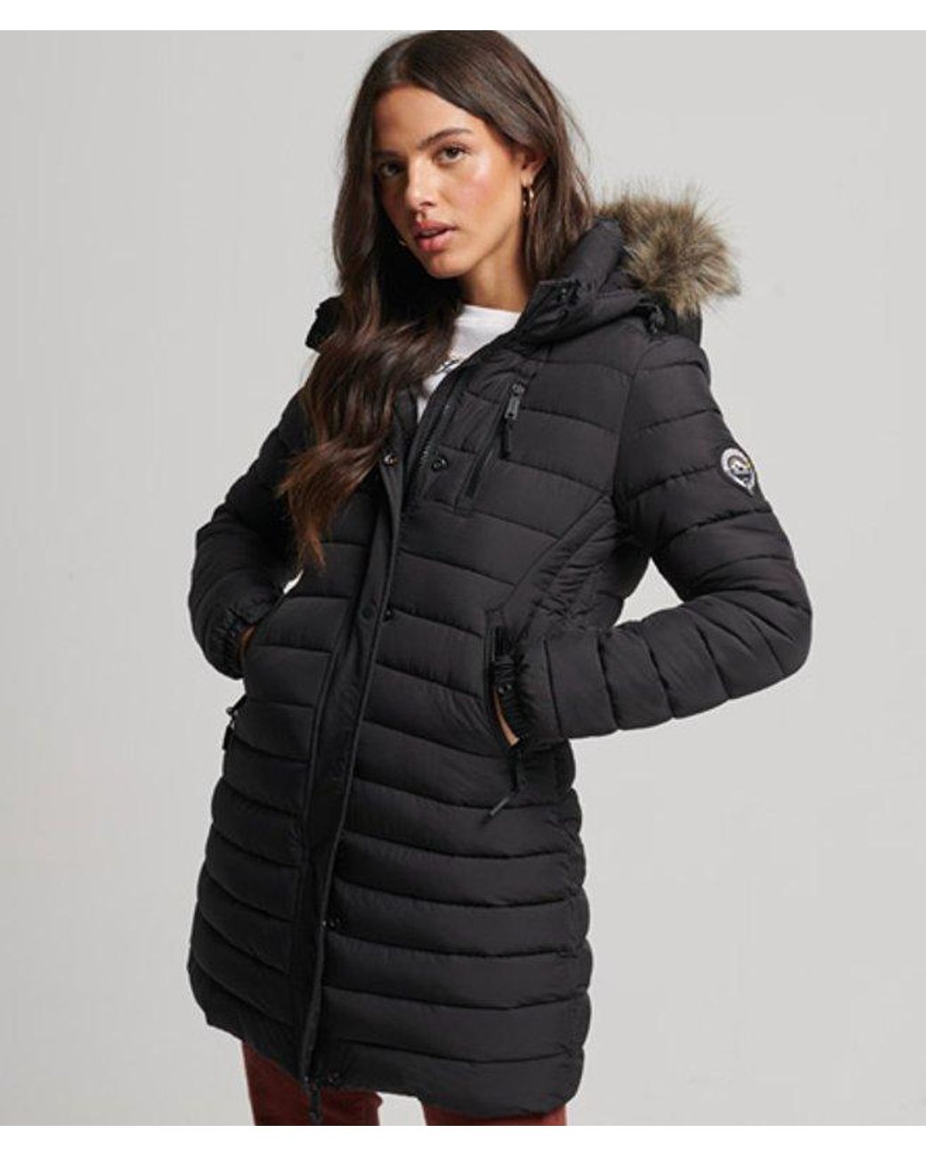 Superdry Faux Fur Hooded Mid Length Puffer Jacket Black