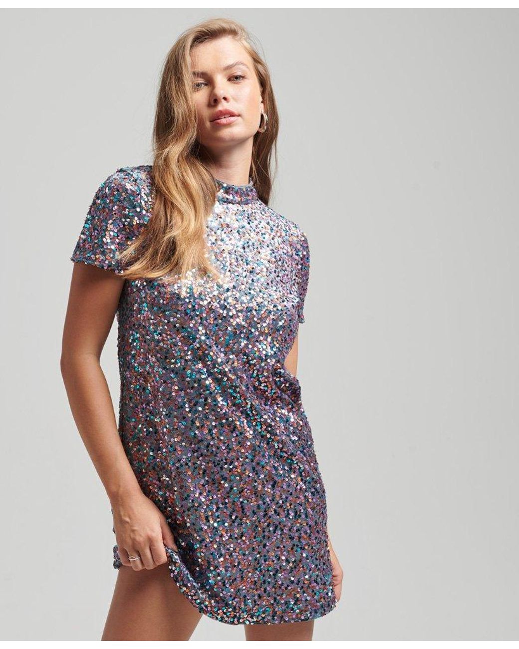 Superdry High Neck Sequin T-shirt Dress Silver / Multi Sequin in Purple |  Lyst