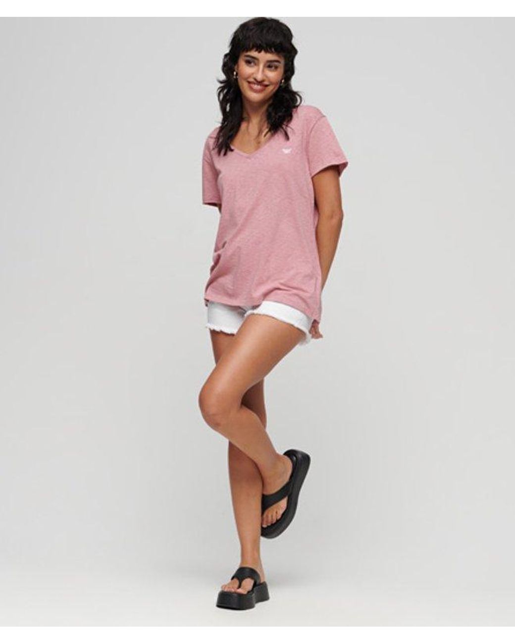 Superdry Pink Slub Embroidered V-neck T-shirt