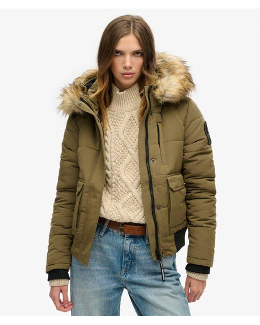 Superdry Green & Co Everest Fully Lined Embroidered Badge Hooded Puffer Bomber Jacket