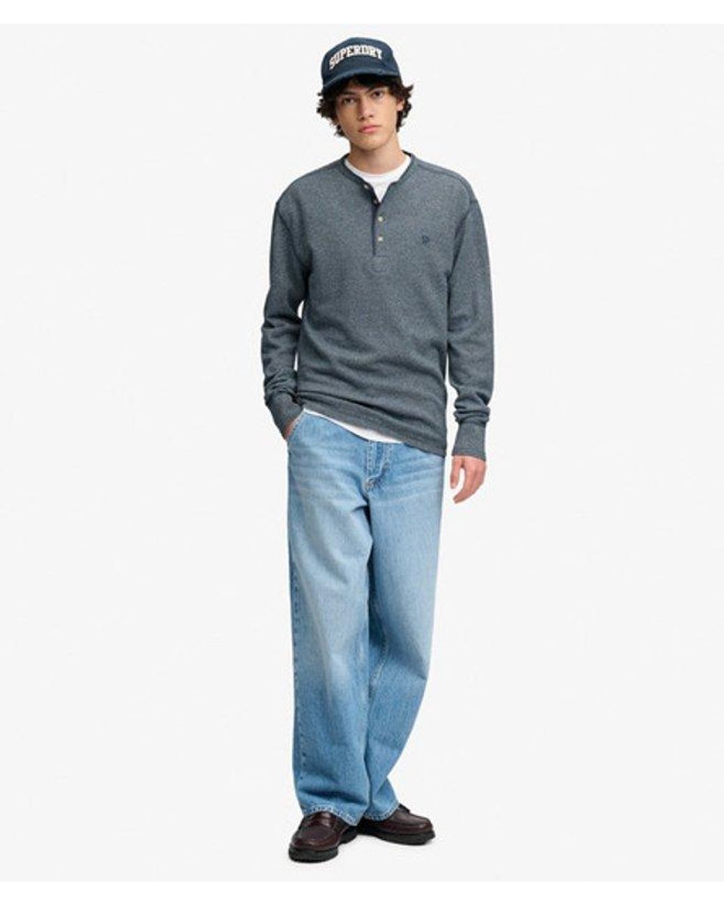 Superdry Blue & Co Mini Slub Waffle Long Sleeve Grandad Top for men