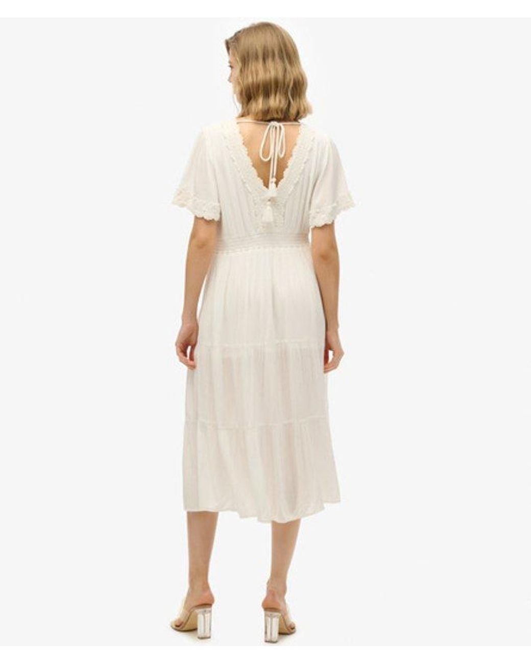 Superdry Natural Lace Detail Ibiza Short Sleeve Midi Tea Dress