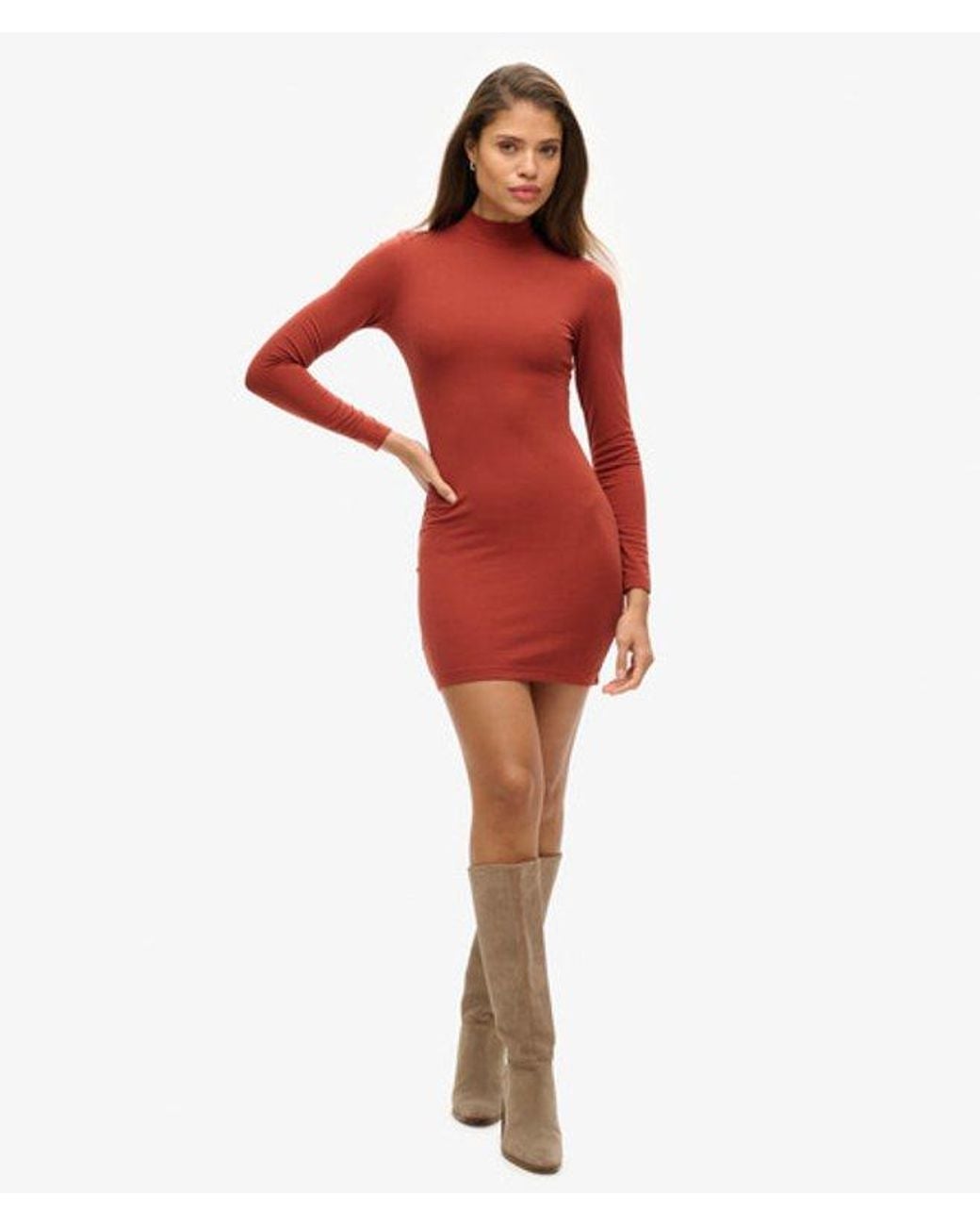 Superdry Red & Co High Neck Long Sleeve Jersey Mini Dress