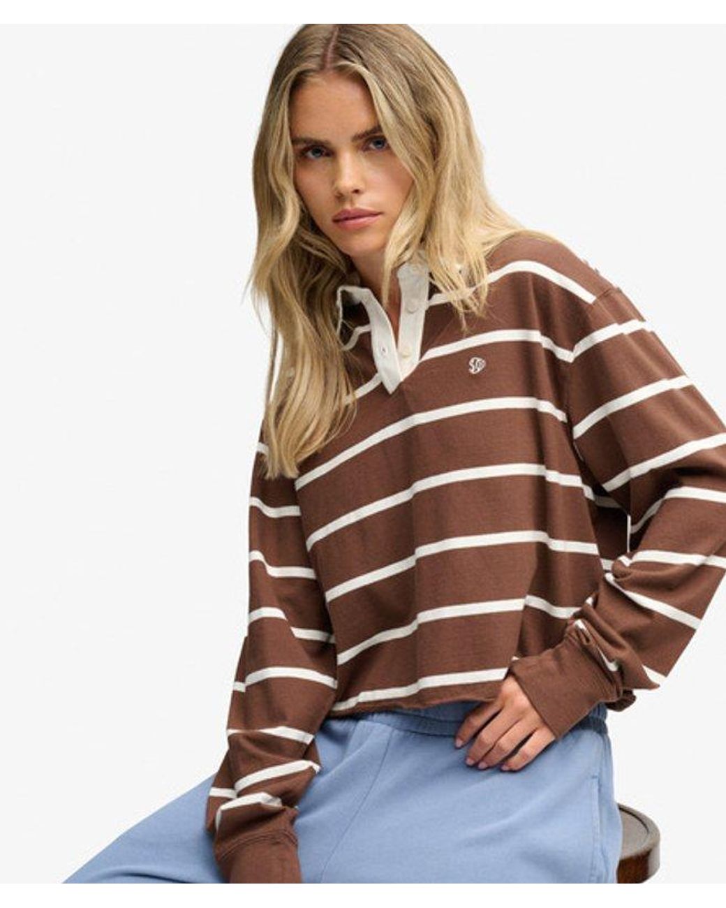 Superdry Brown & Co Athletic Essential Cropped Stripe Rugby Top
