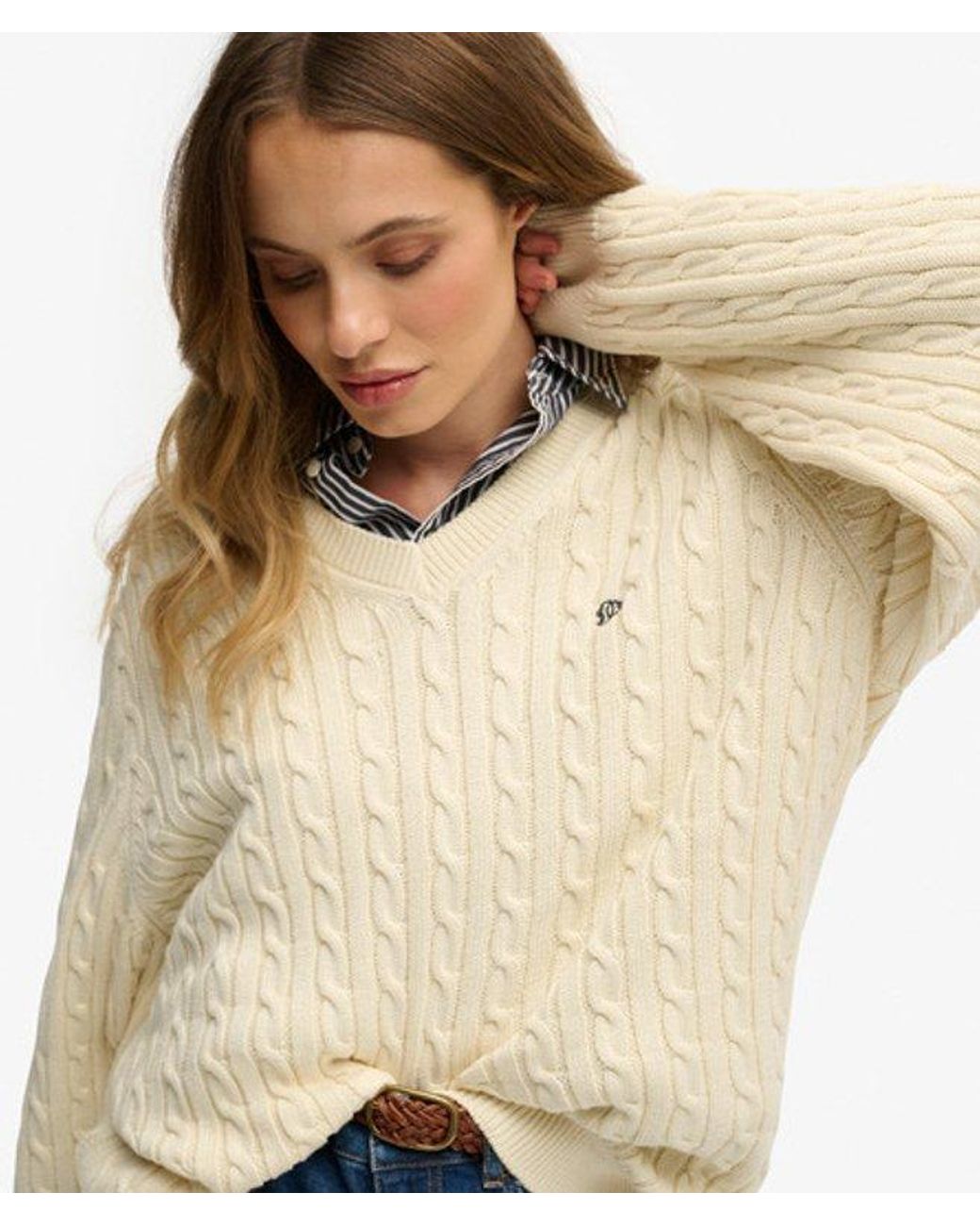 Superdry Natural & Co Oversized V Neck Cable Jumper