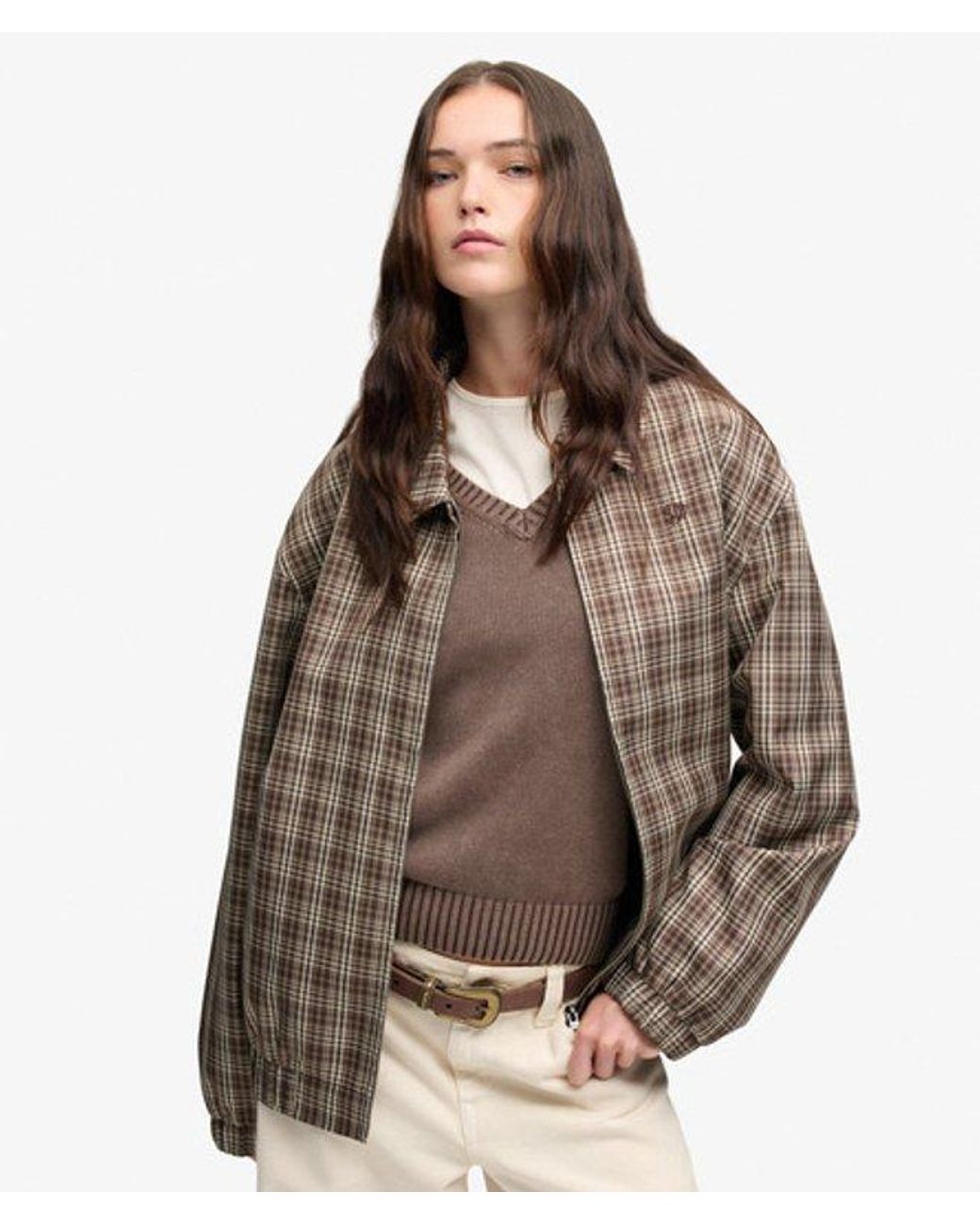 Superdry Brown & Co Check Oversized Bomber Jacket