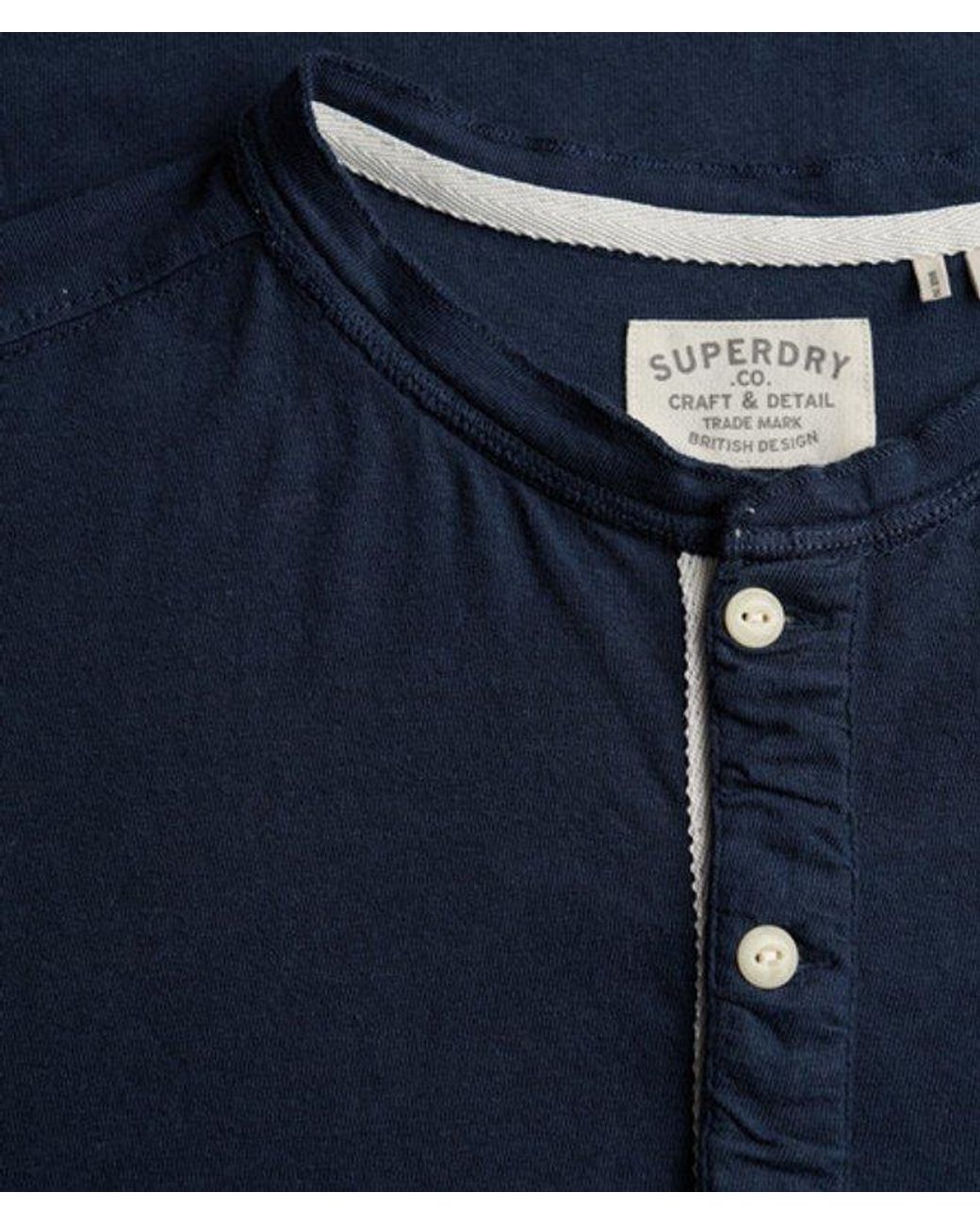 Superdry Blue Classic Cotton Linen Short Sleeve Henley T-Shirt for men