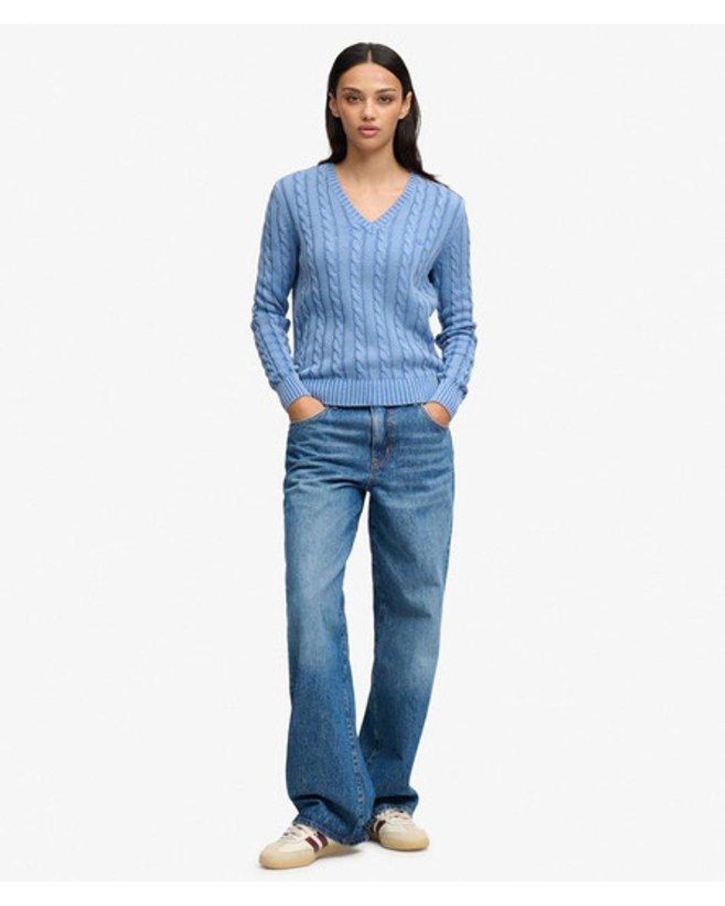 Superdry & Co Washed V-hals Cable Trui Slanke Pasvorm in het Blue
