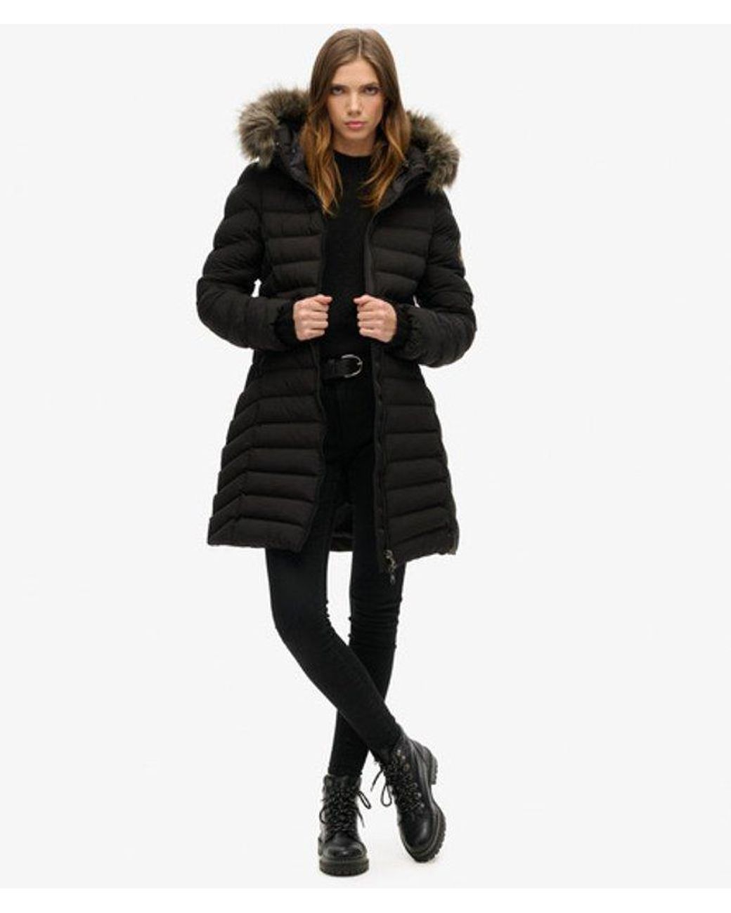 Superdry Black & Co Slim Fit Fuji Faux Fur Hood Mid Length