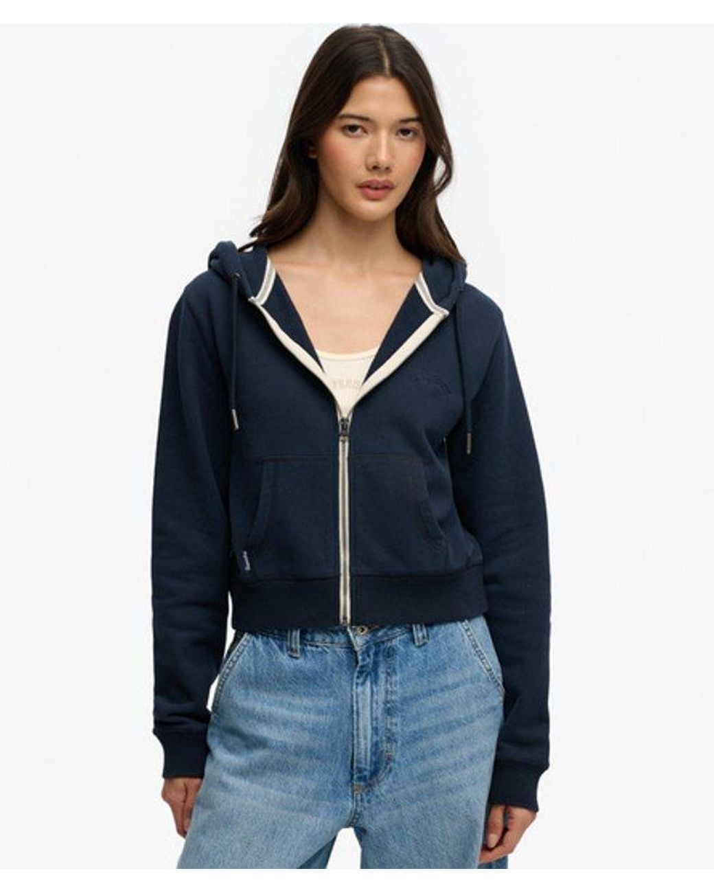 Superdry Blue & Co Essential Logo Cropped Zip Hoodie