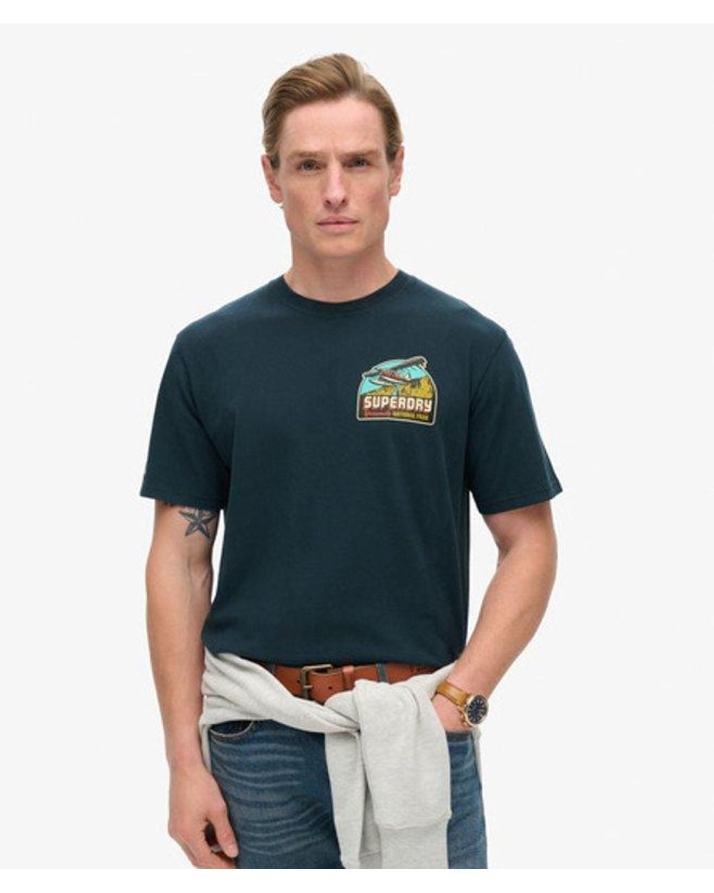 Superdry Blue & Co Travel Postcard Chest Print T-shirt for men