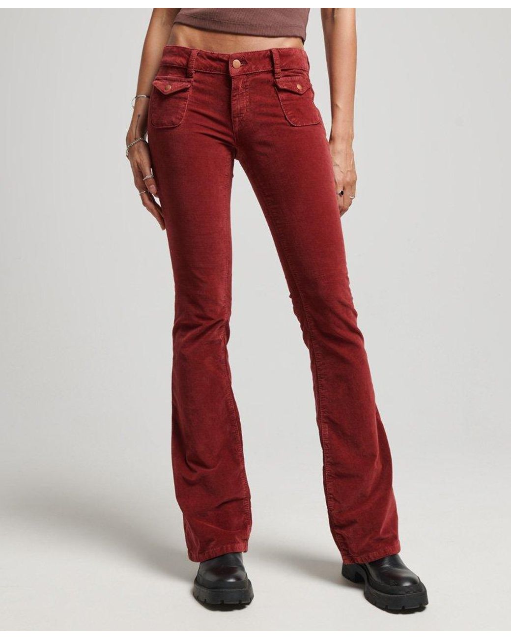 Superdry Low Rise Velvet Flare Jeans in Red
