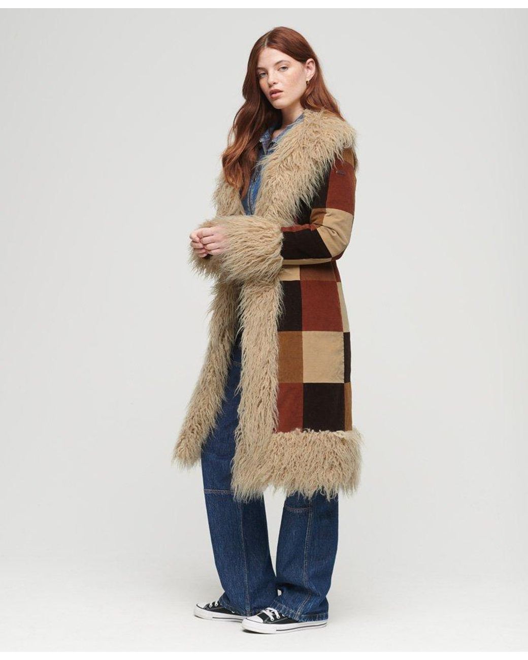 Superdry Patchwork Long Afghan Coat in Brown Lyst UK