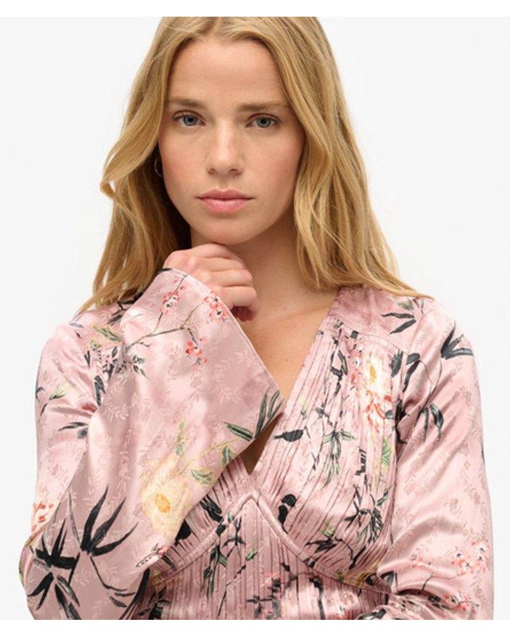 Superdry Pink & Co Floral Print Flare Sleeve Jacquard Mini Dress