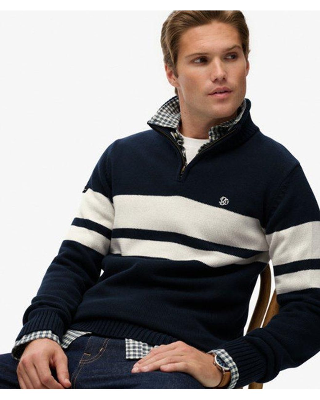 Superdry Blue Cotton Stripe Half Zip Knit for men