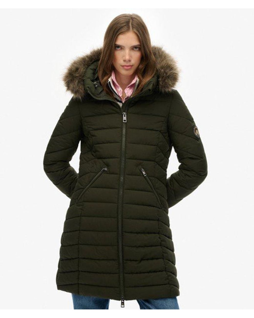 Superdry Blue & Co Fuji Faux Fur Hooded Mid Length Coat