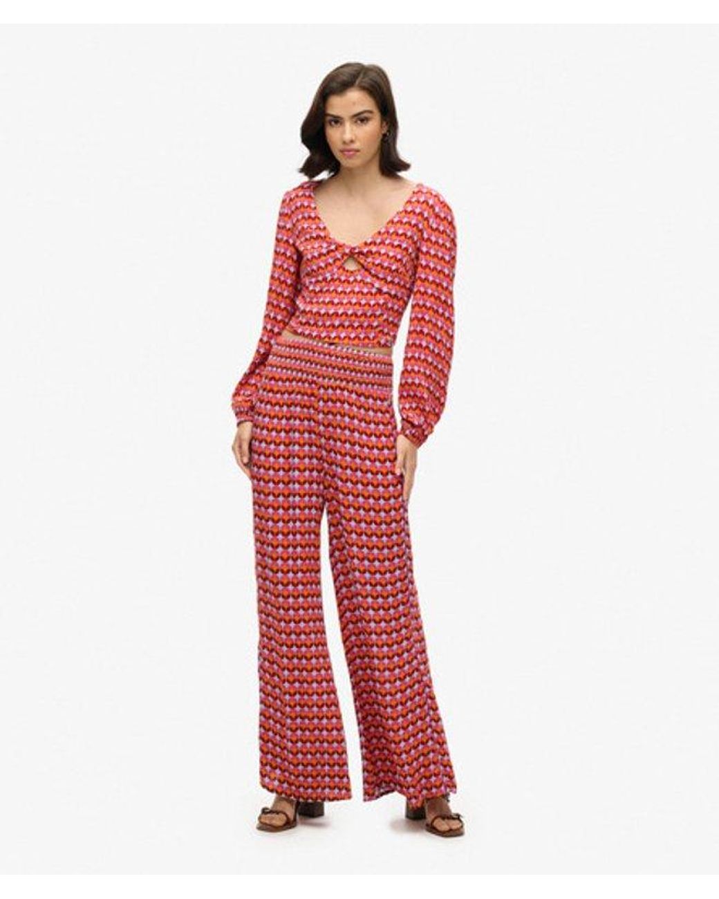 Superdry Red & Co Long Sleeve Woven Crop Top