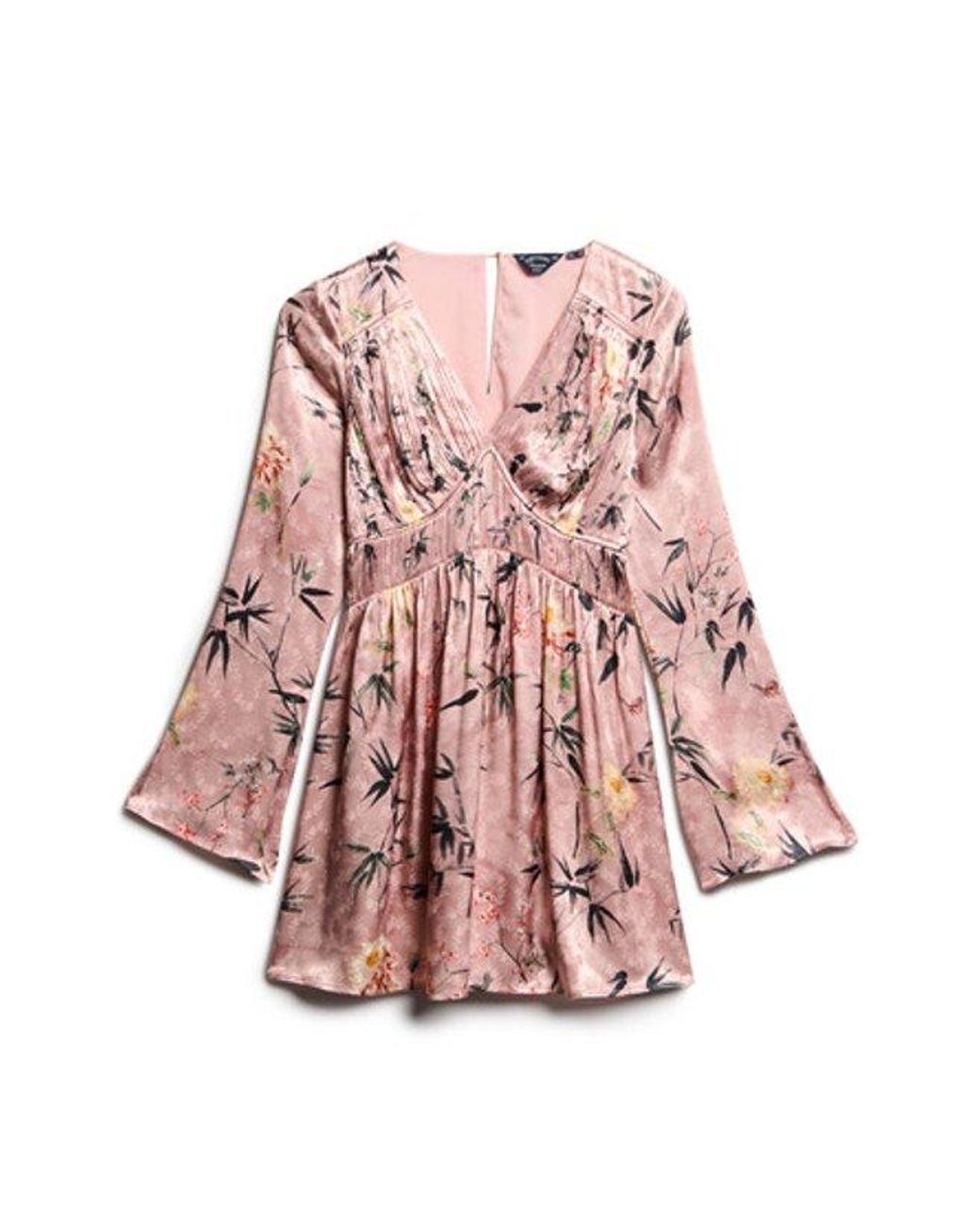 Superdry Pink & Co Floral Print Flare Sleeve Jacquard Mini Dress