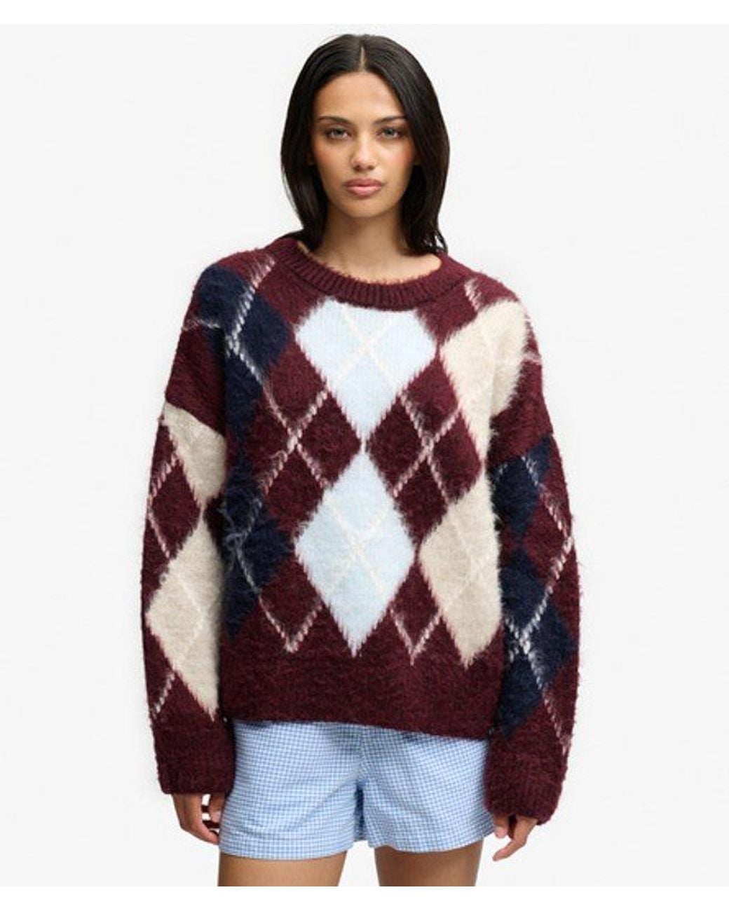 Superdry Red & Co Slouchy Brushed Argyle Knit Jumper