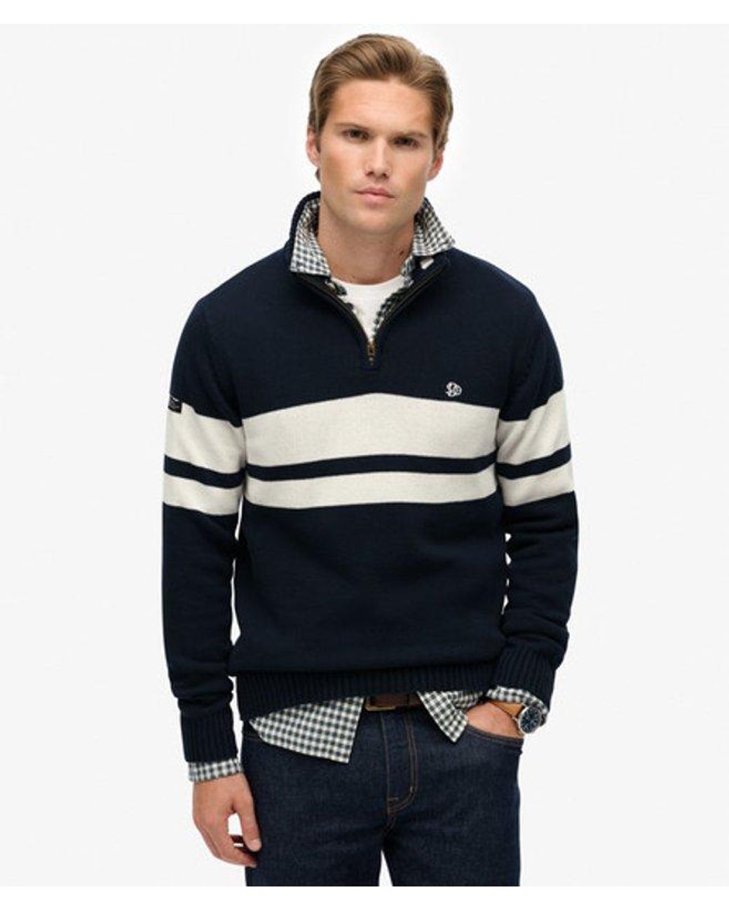 Superdry Blue Cotton Stripe Half Zip Knit for men