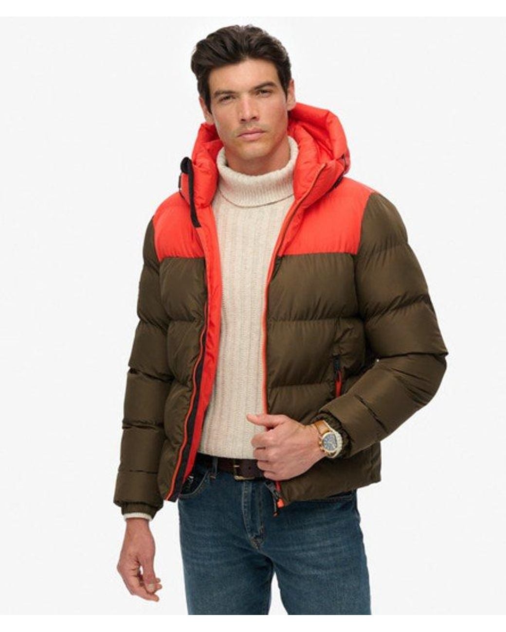 Superdry Red & Co Colourblock Hooded Puffer Jacket for men