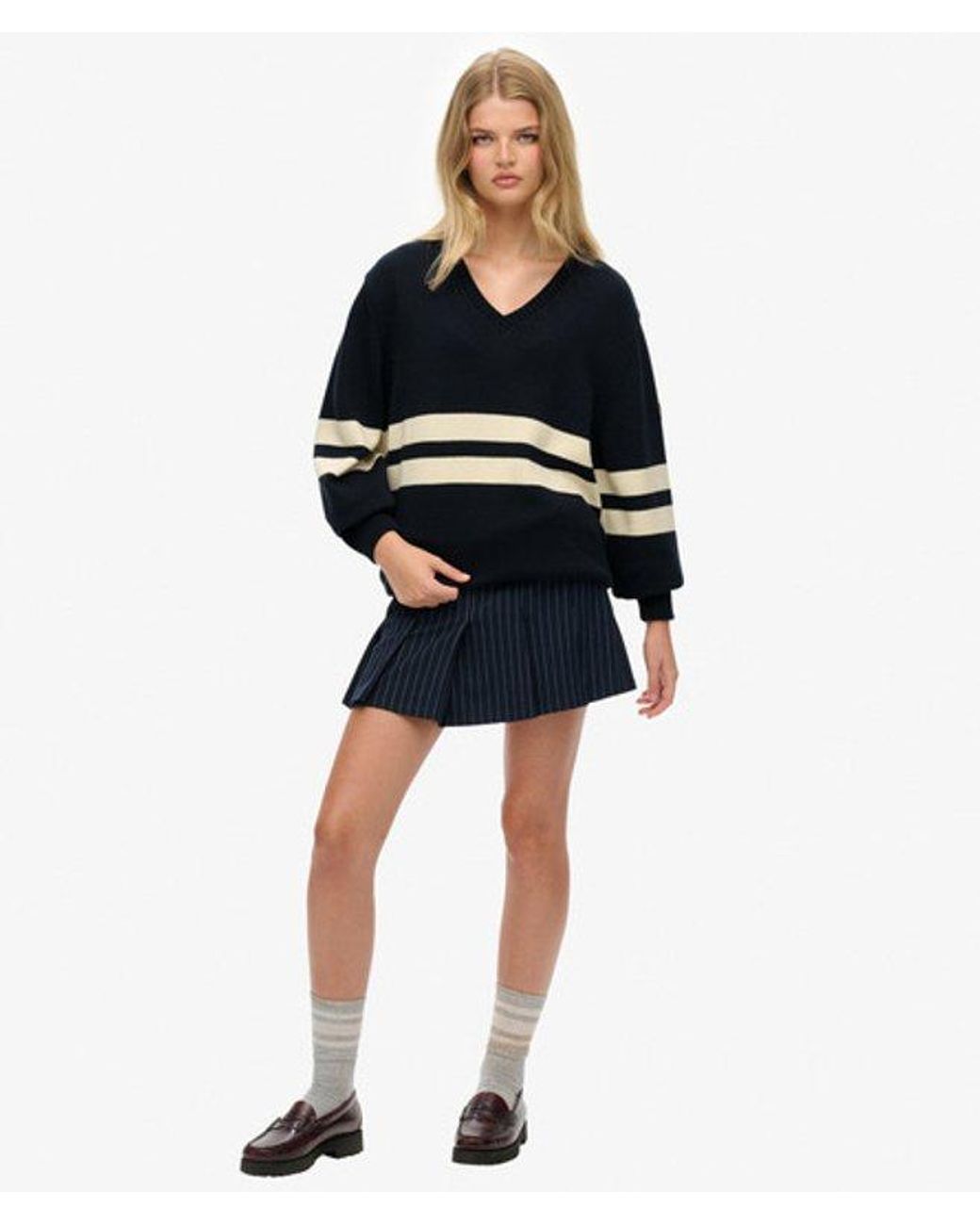Superdry Blue & Co Oversized Striped V-neck Jumper