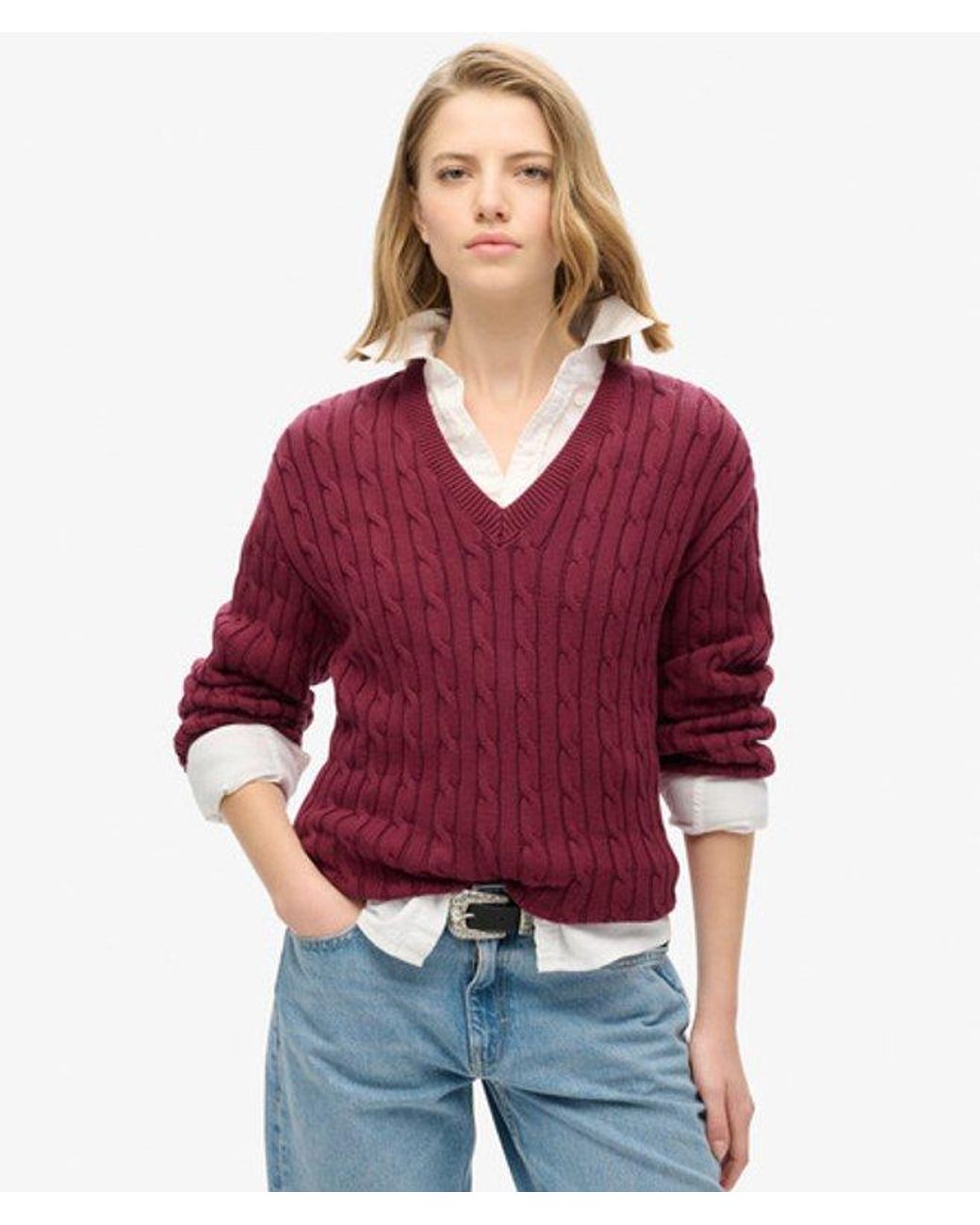 Superdry Red & Co Ladies Lightweight Cable Knit Oversized V Neck Jumper