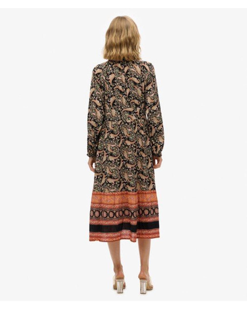 Superdry Black Paisley Print Long Sleeve Midi Dress