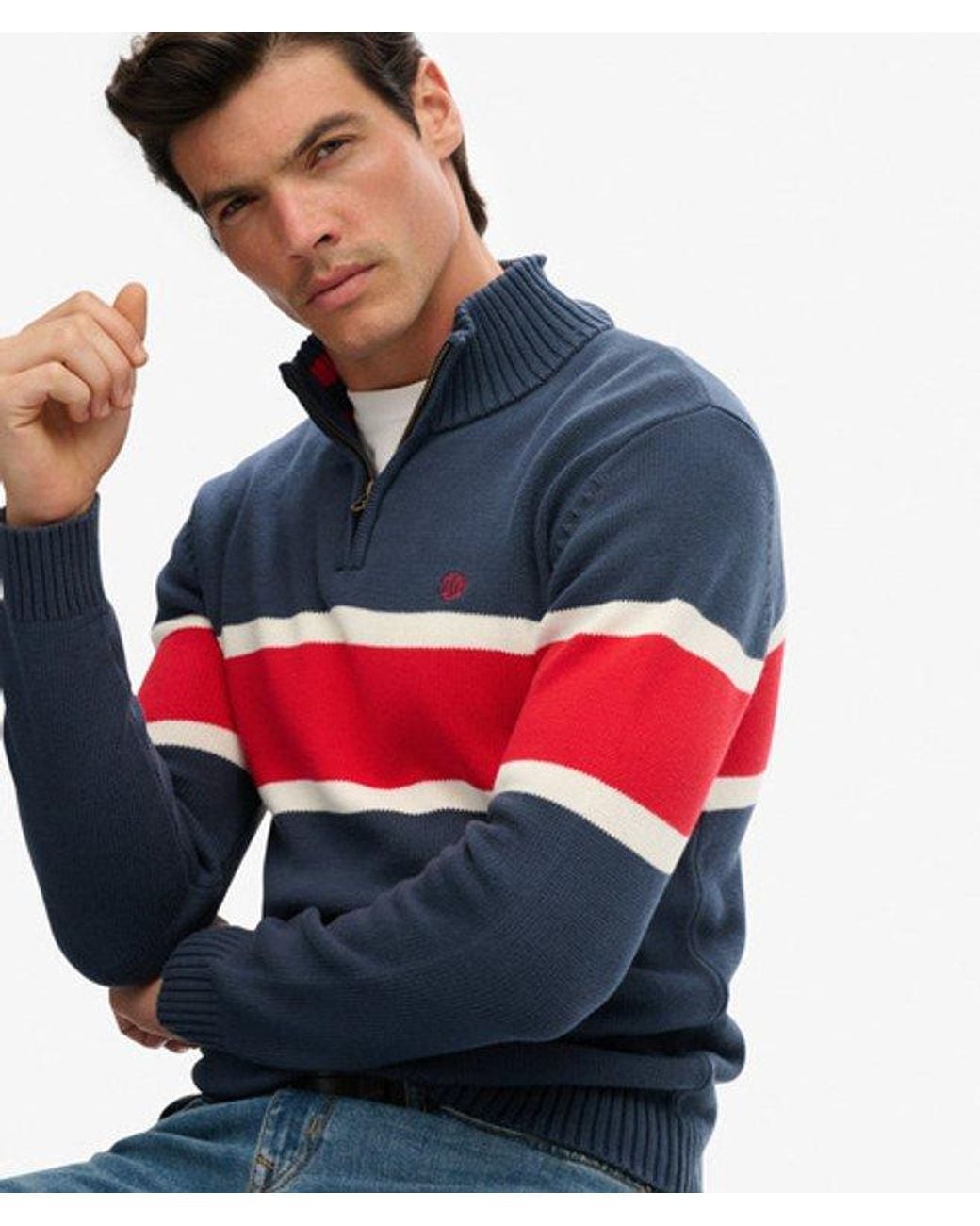 Superdry Blue & Co Cotton Stripe Half Zip Knit for men