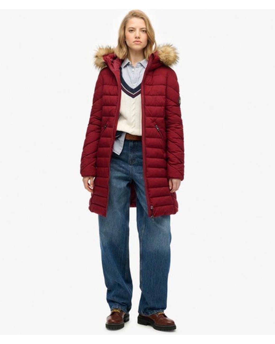 Superdry Red & Co Fuji Faux Fur Hooded Mid Length Coat