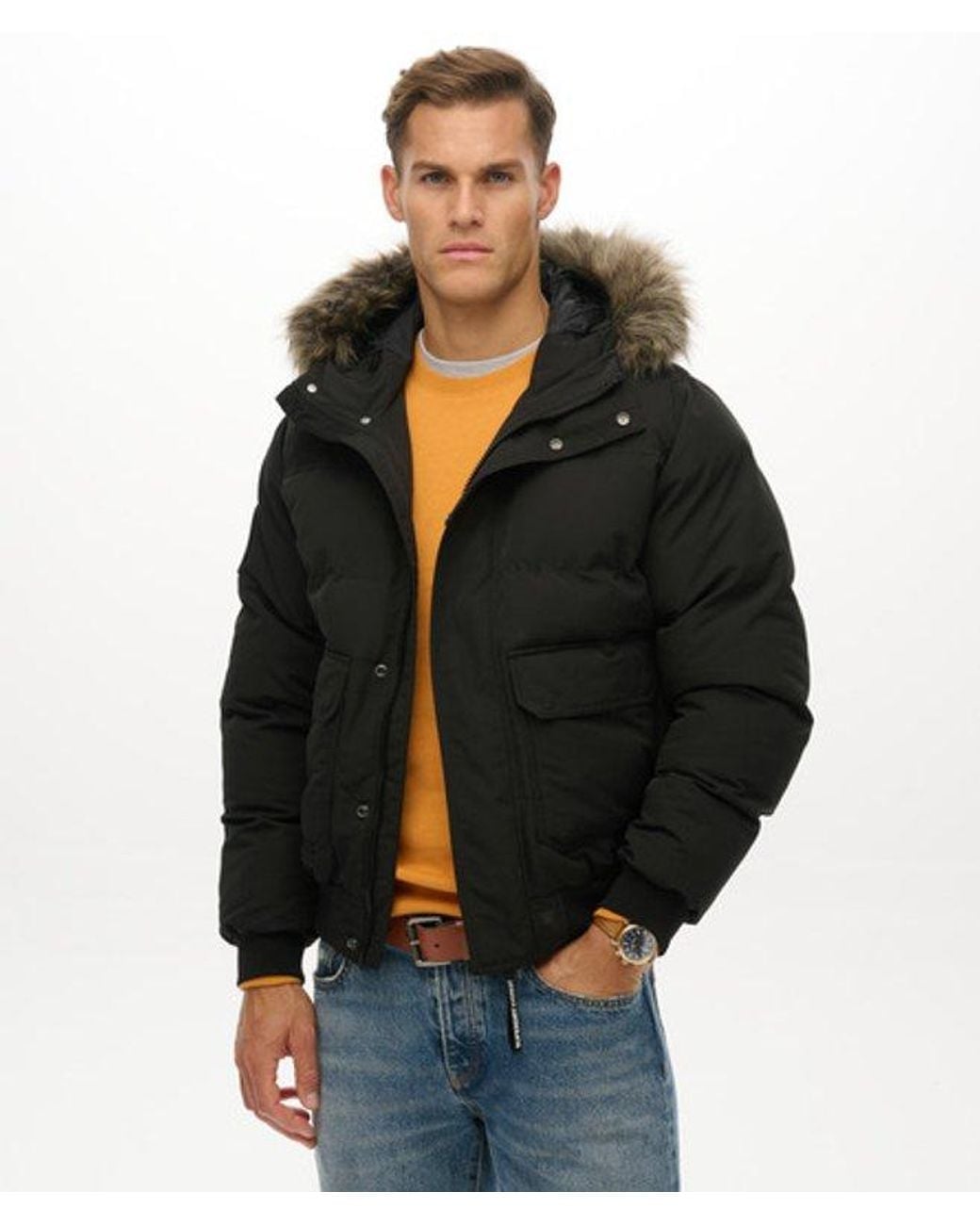 Superdry Black Everest Hooded Puffer Bomber Jacket for men