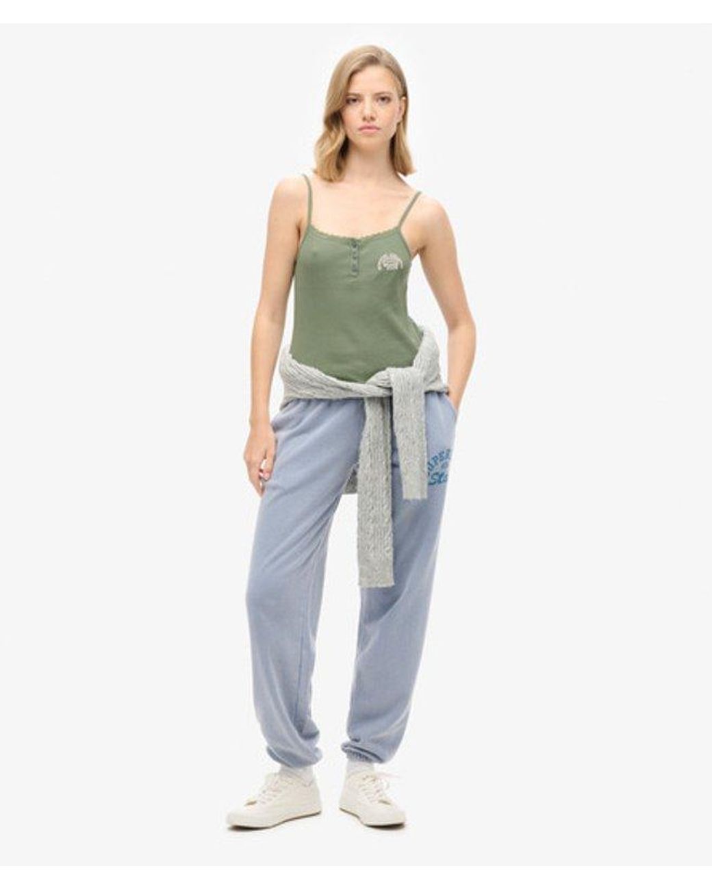 Superdry Green & Co Ladies Slim Fit Embroidered Logo Athletic Essentials Button Down Cami Top