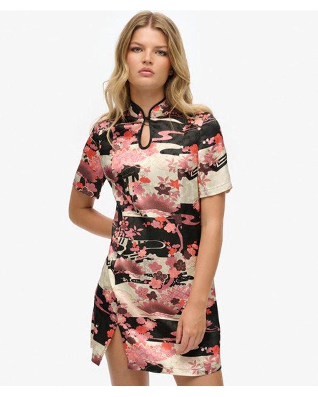 Superdry Red Floral Print Mandarin Jacquard Mini Dress