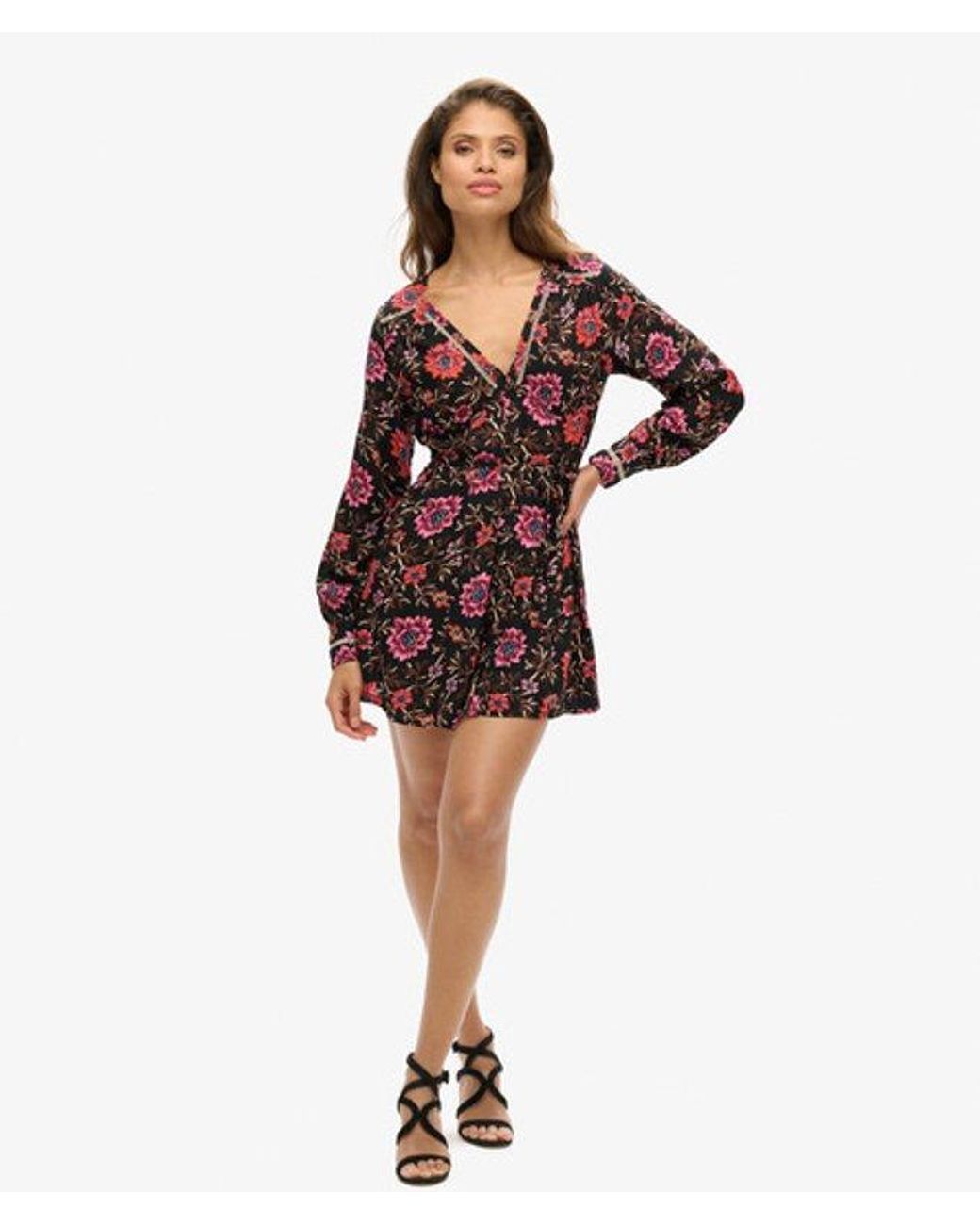 Superdry Black Floral Printed V-neck Mini Tea Dress