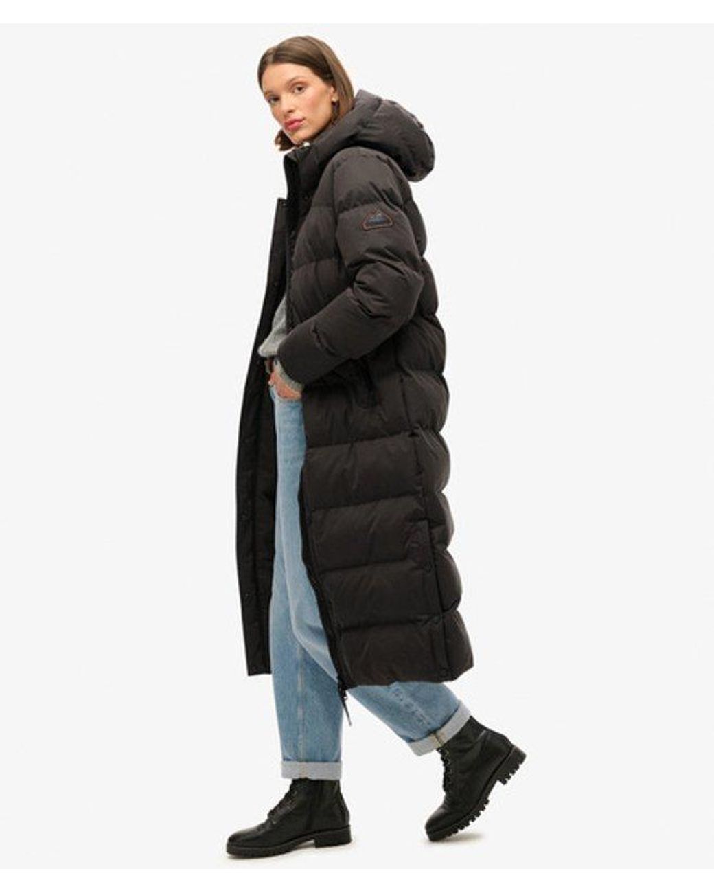 Superdry Black Classic Microfibre Longline Puffer Coat