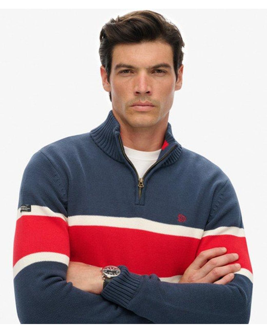 Superdry Blue & Co Cotton Stripe Half Zip Knit for men