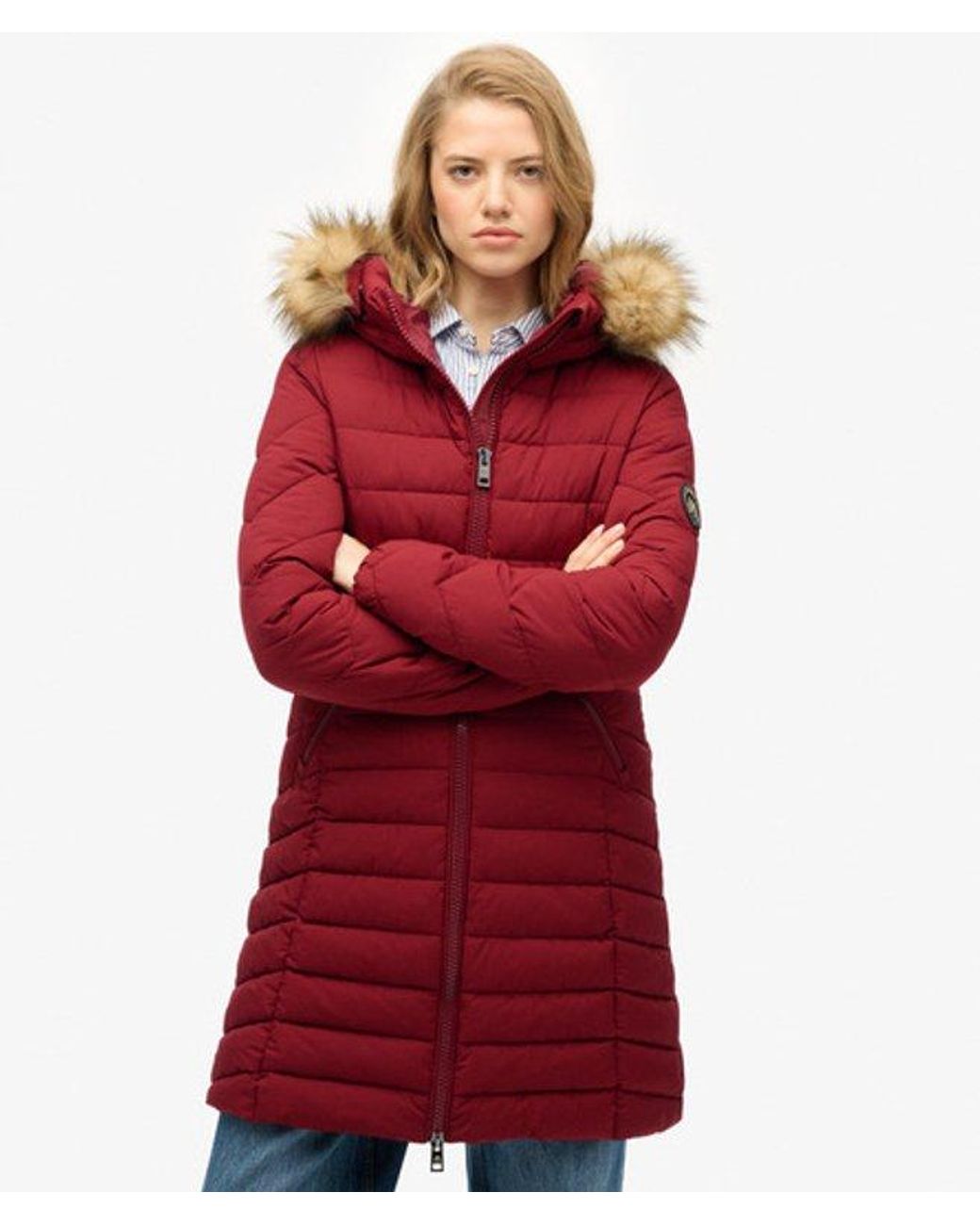 Superdry Red & Co Fuji Faux Fur Hooded Mid Length Coat