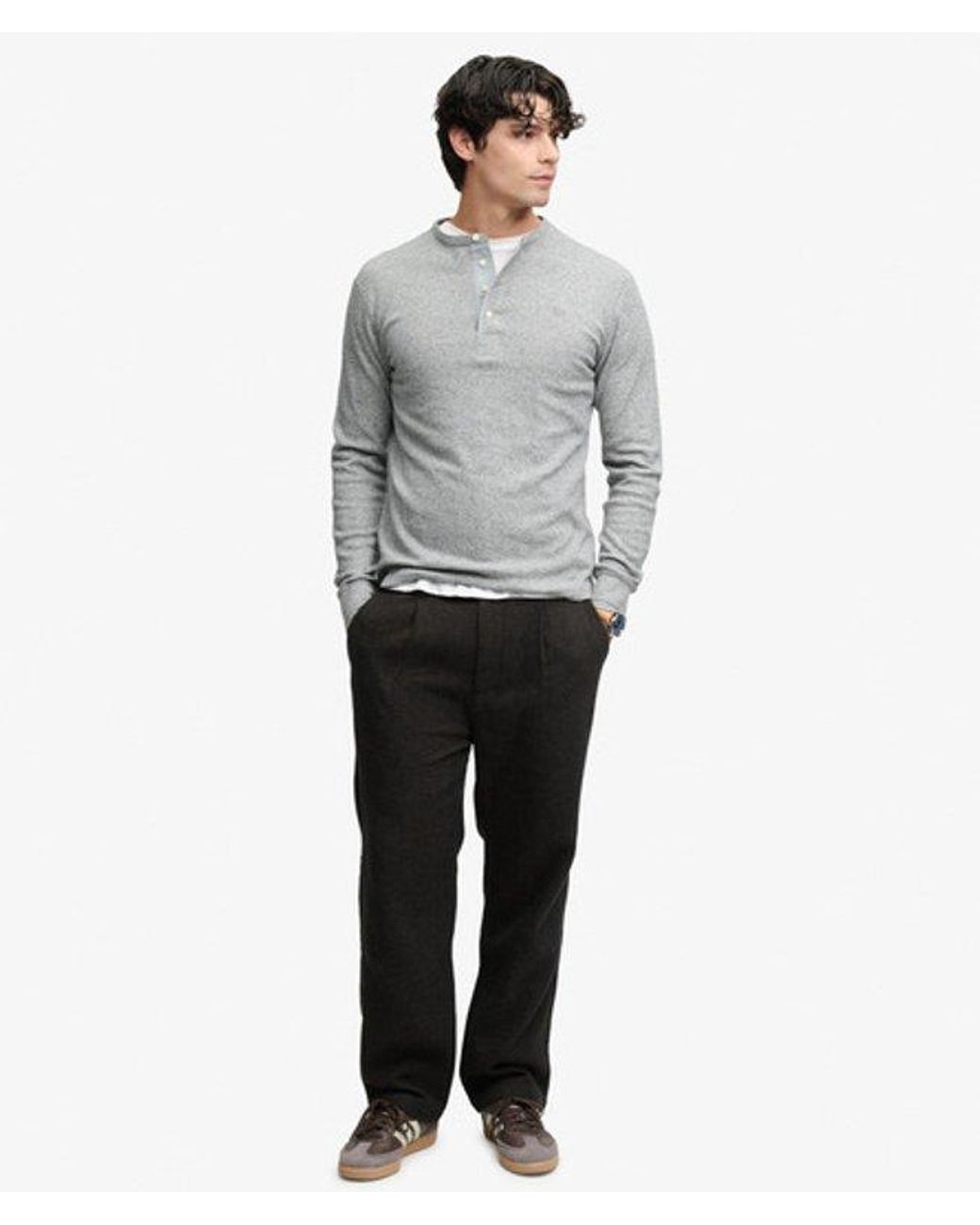 Superdry Gray Mini Slub Waffle Long Sleeve Grandad Top X None for men