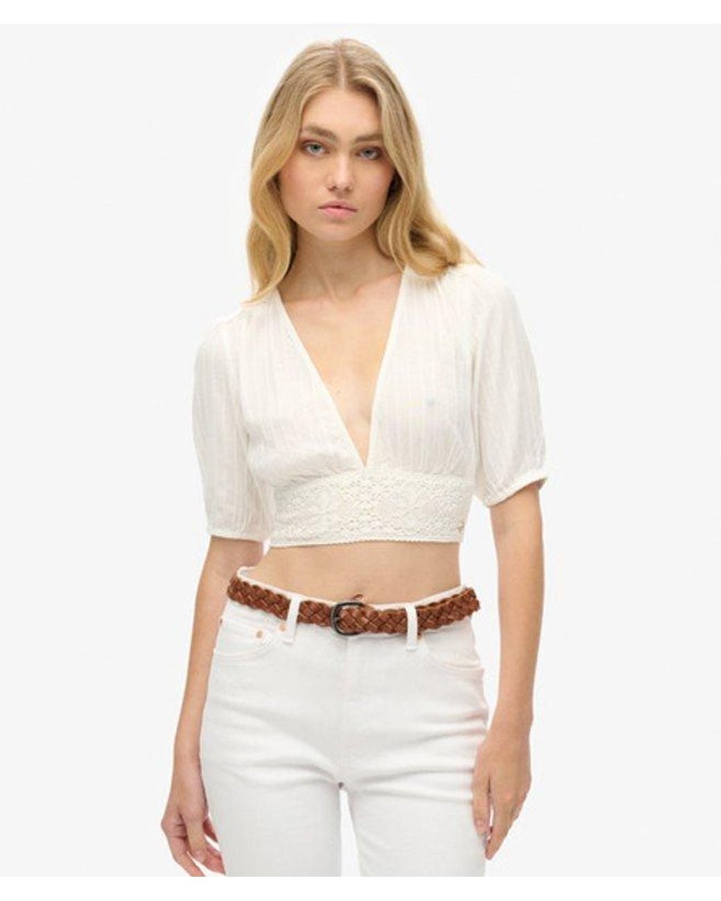 Superdry White & Co Ibiza Short Sleeve Lace Trim Top