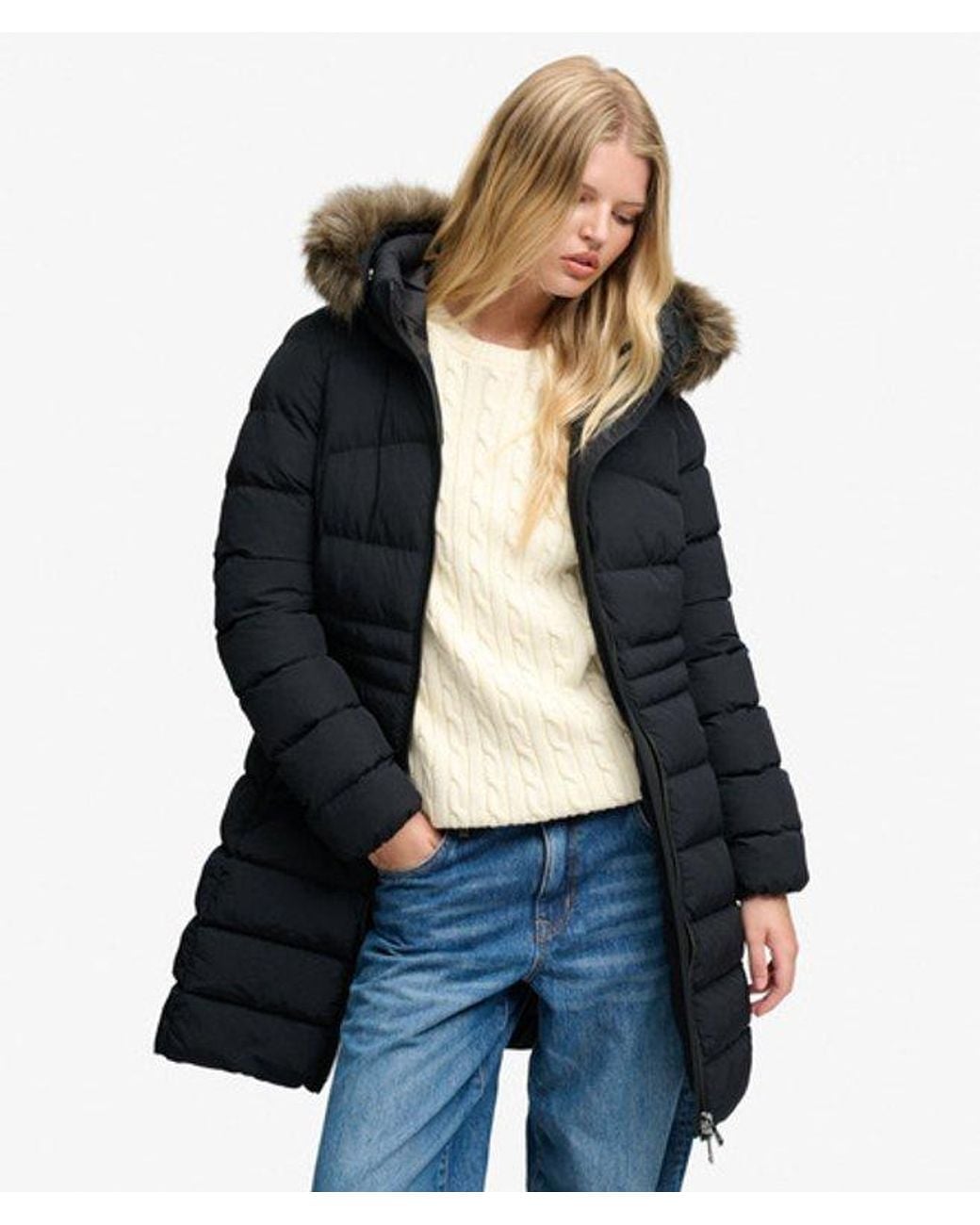 Superdry Blue & Co Hooded Faux Fur Fuji Mid Length Coat