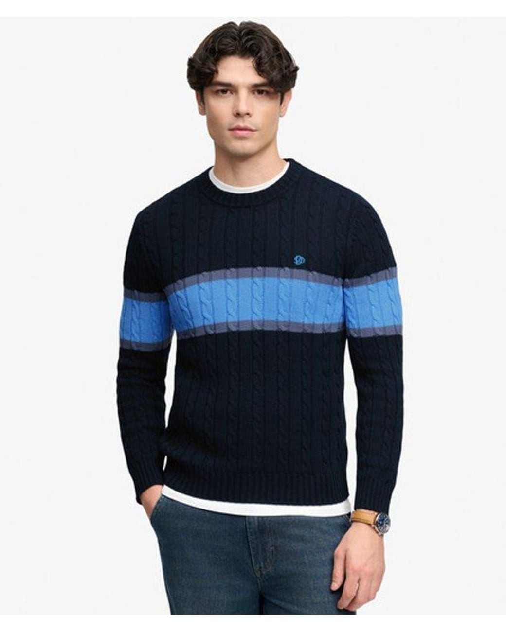 Superdry Blue Cotton Stripe Cable Jumper for men