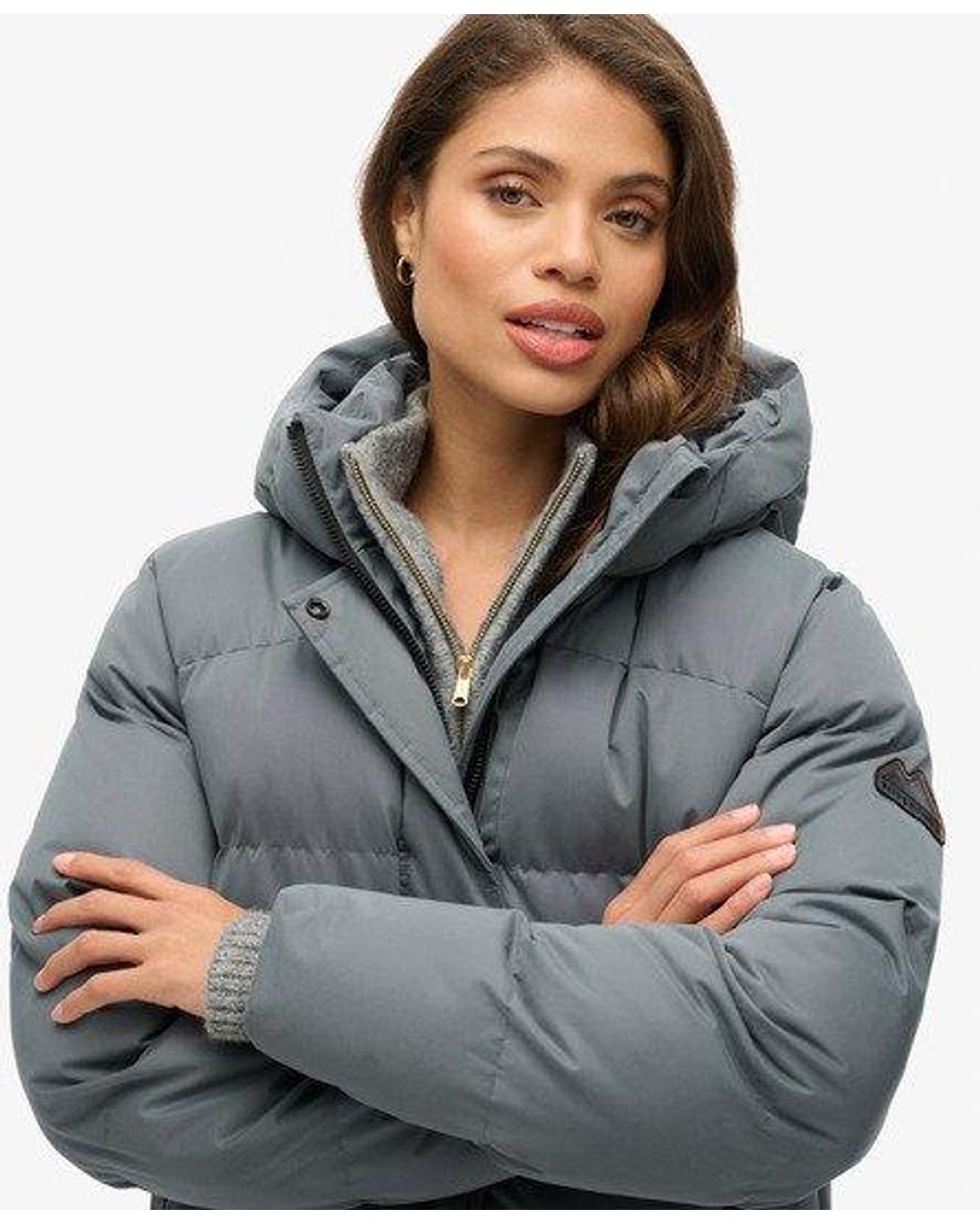 Superdry Blue Microfibre Long Puffer Coat