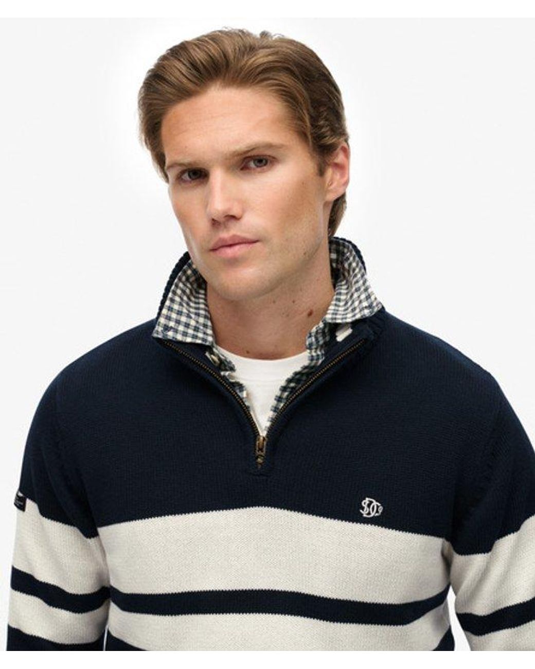 Superdry Blue Cotton Stripe Half Zip Knit for men