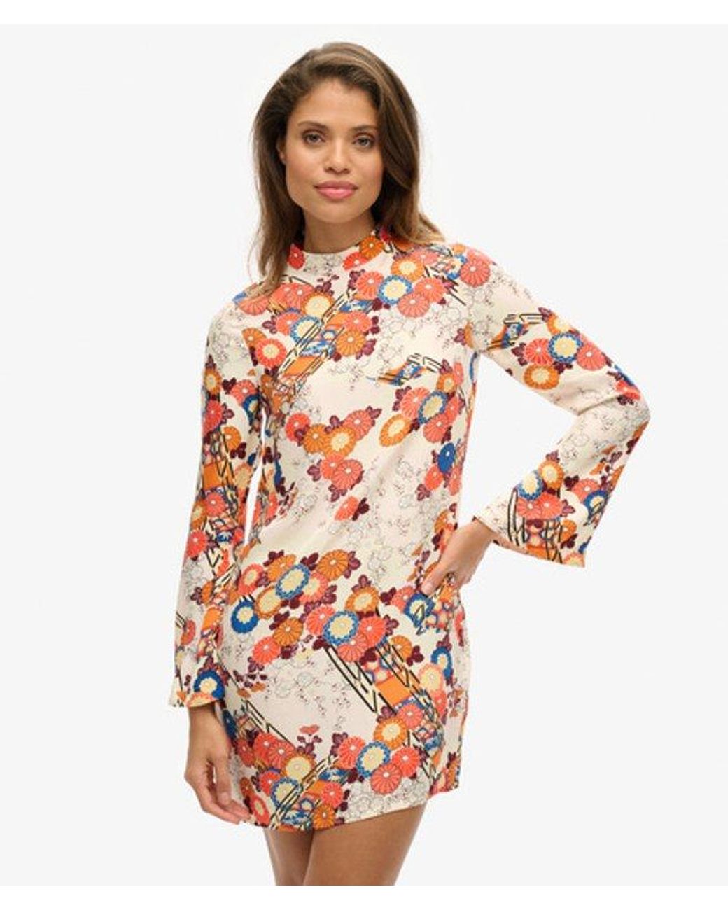 Superdry Red & Co Printed Long Sleeve Mini Dress