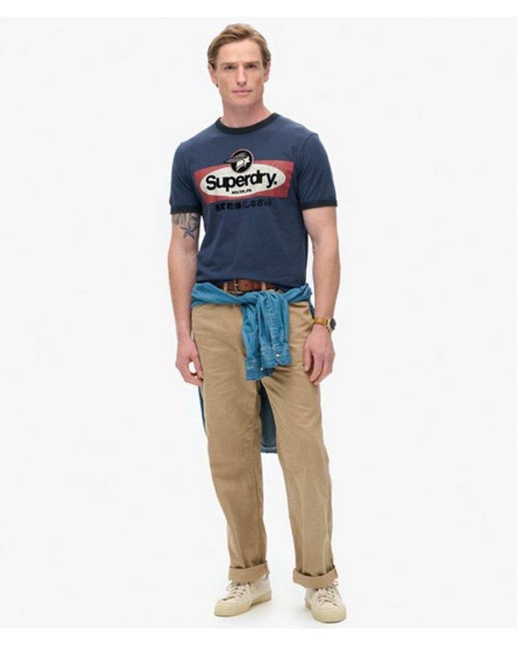 Superdry Blue & Co Core Logo Ringer Workwear Graphic Crew Neck T-shirt for men