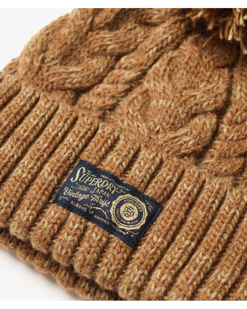 Superdry Brown Chunky Cable Beanie Hat - Size: 1size
