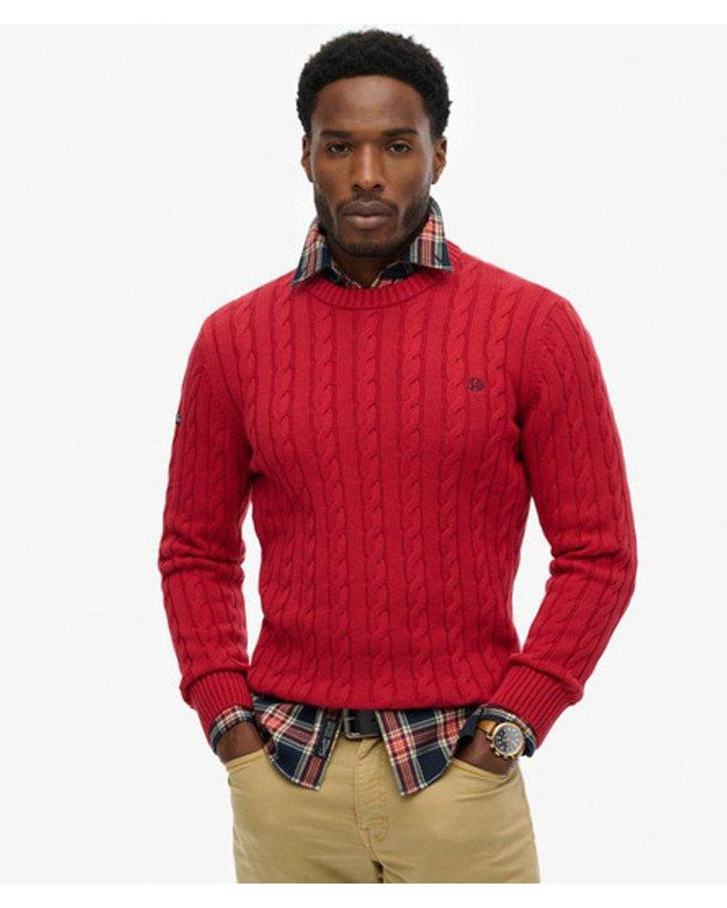 Superdry Red Cotton Cable Knit Crew Jumper for men