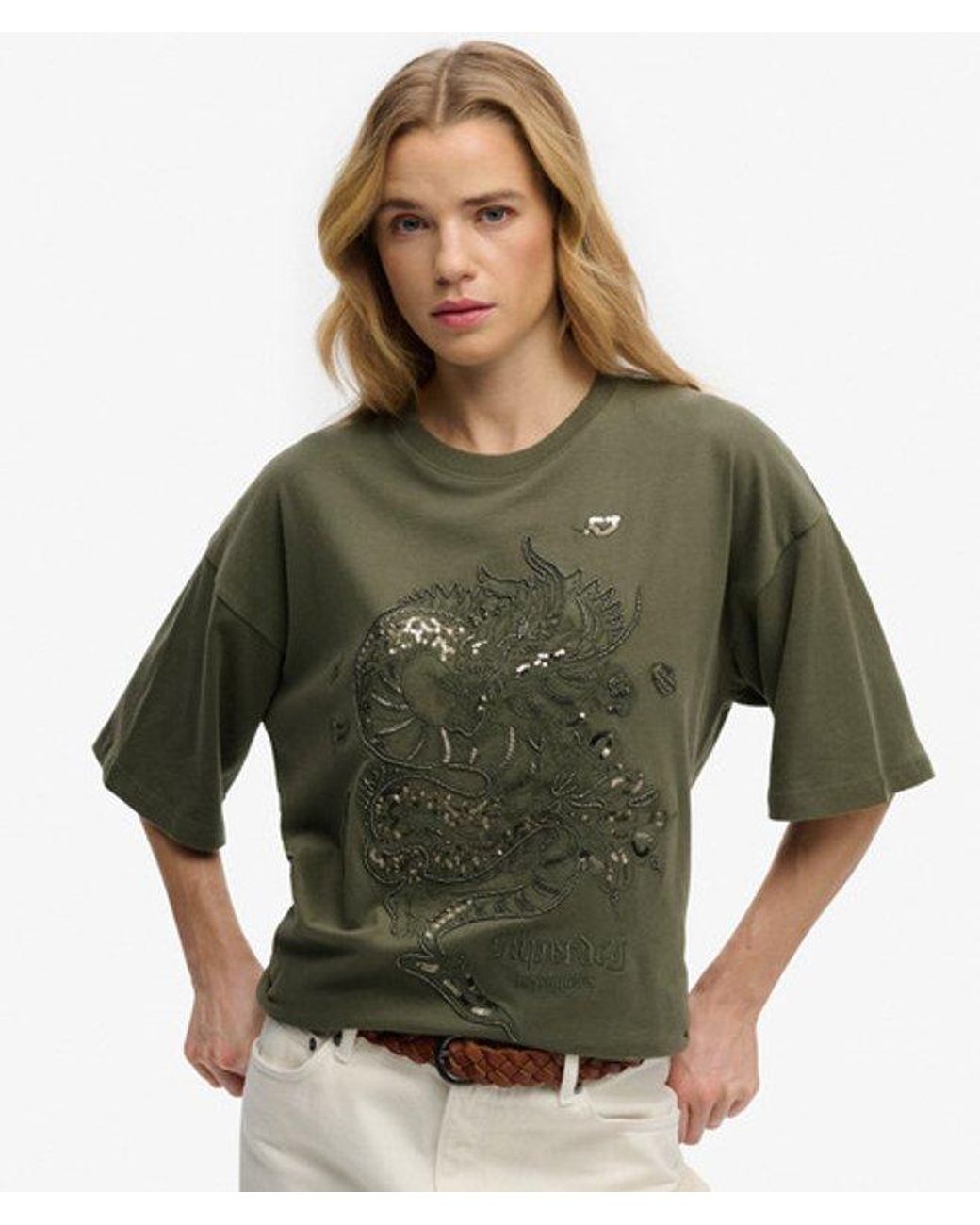 Superdry Green Tattoo Embellished Oversized T-Shirt