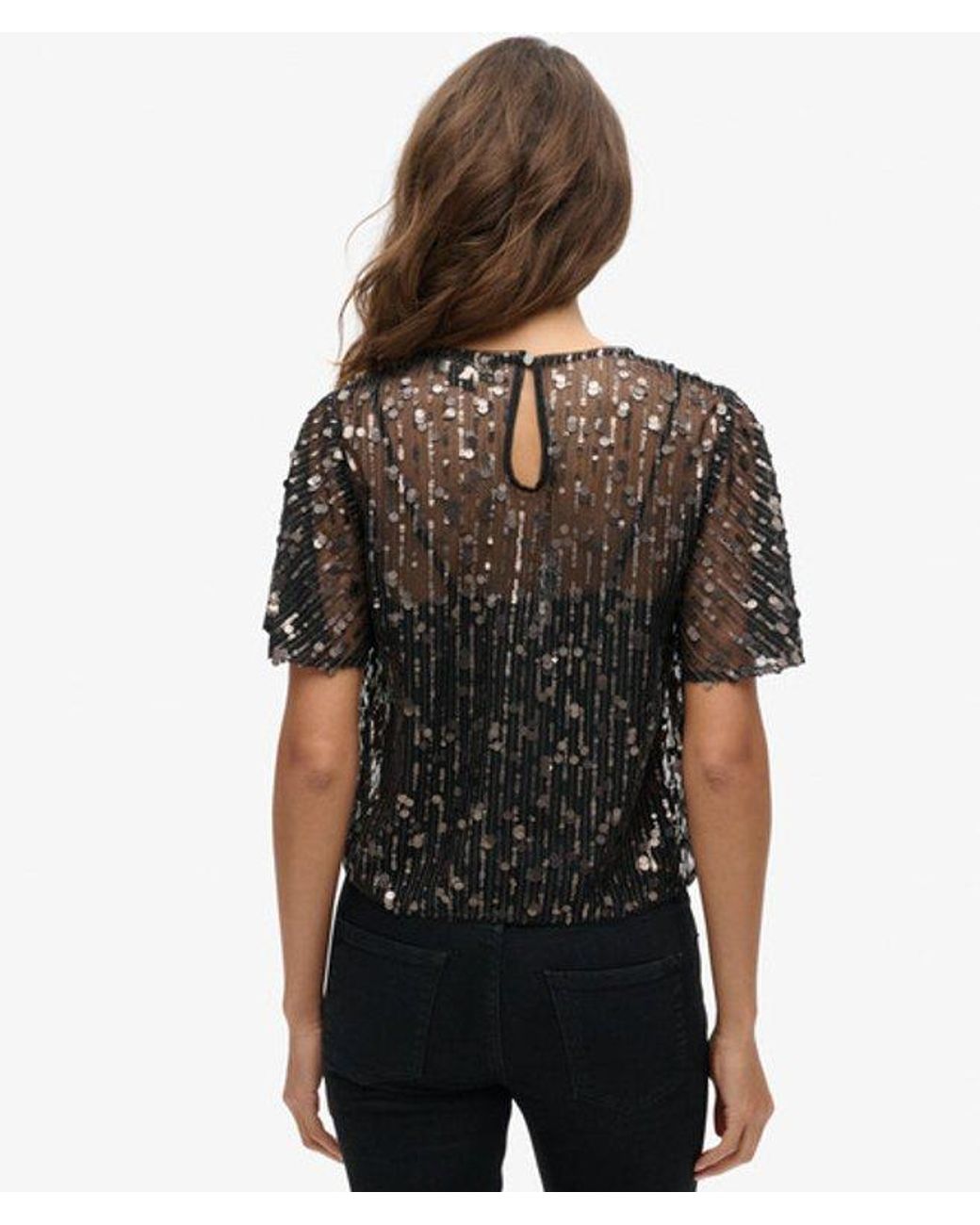 Superdry Black & Co Sequin Sheer Short Sleeve Top