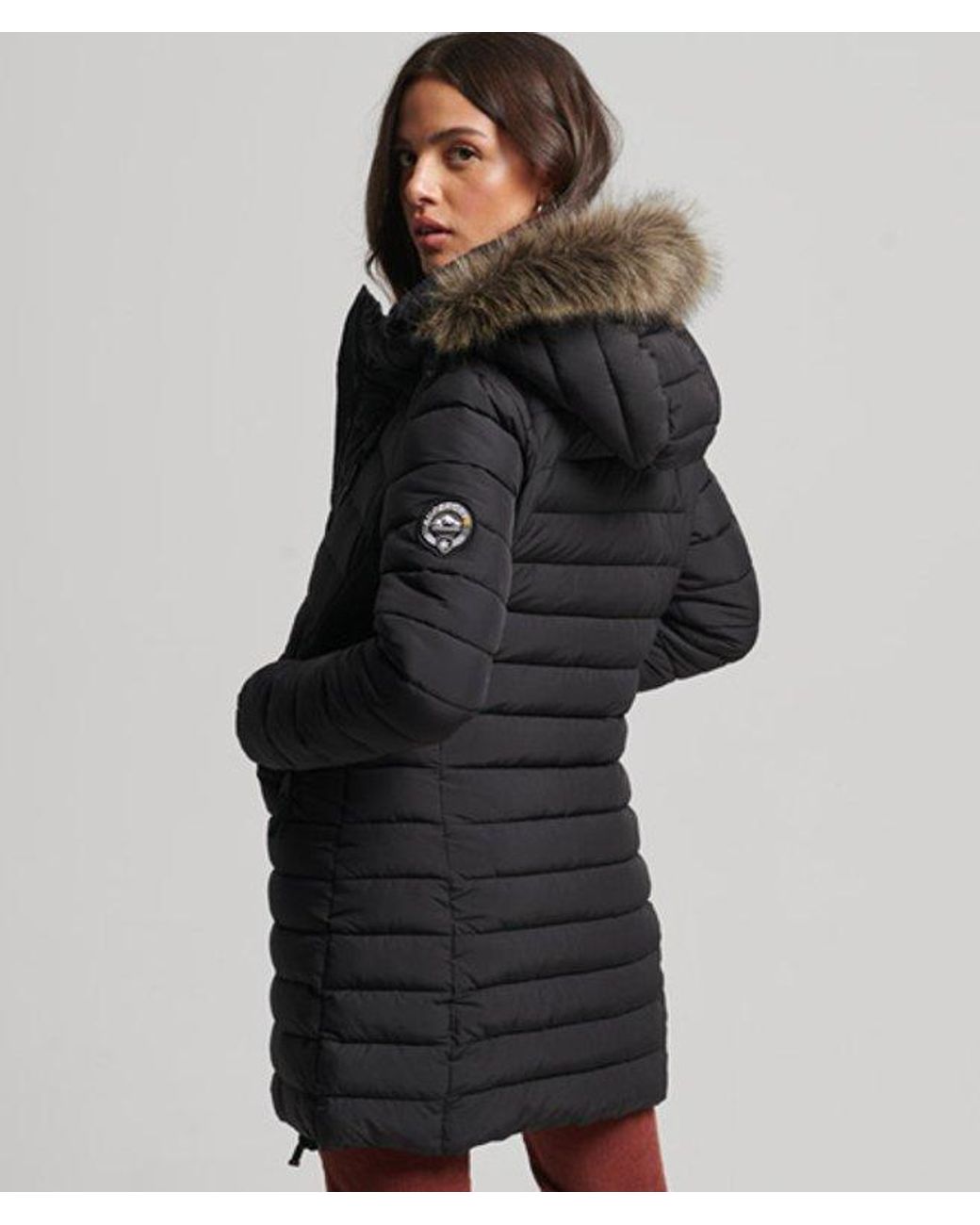 Superdry Faux Fur Hooded Mid Length Puffer Jacket Black